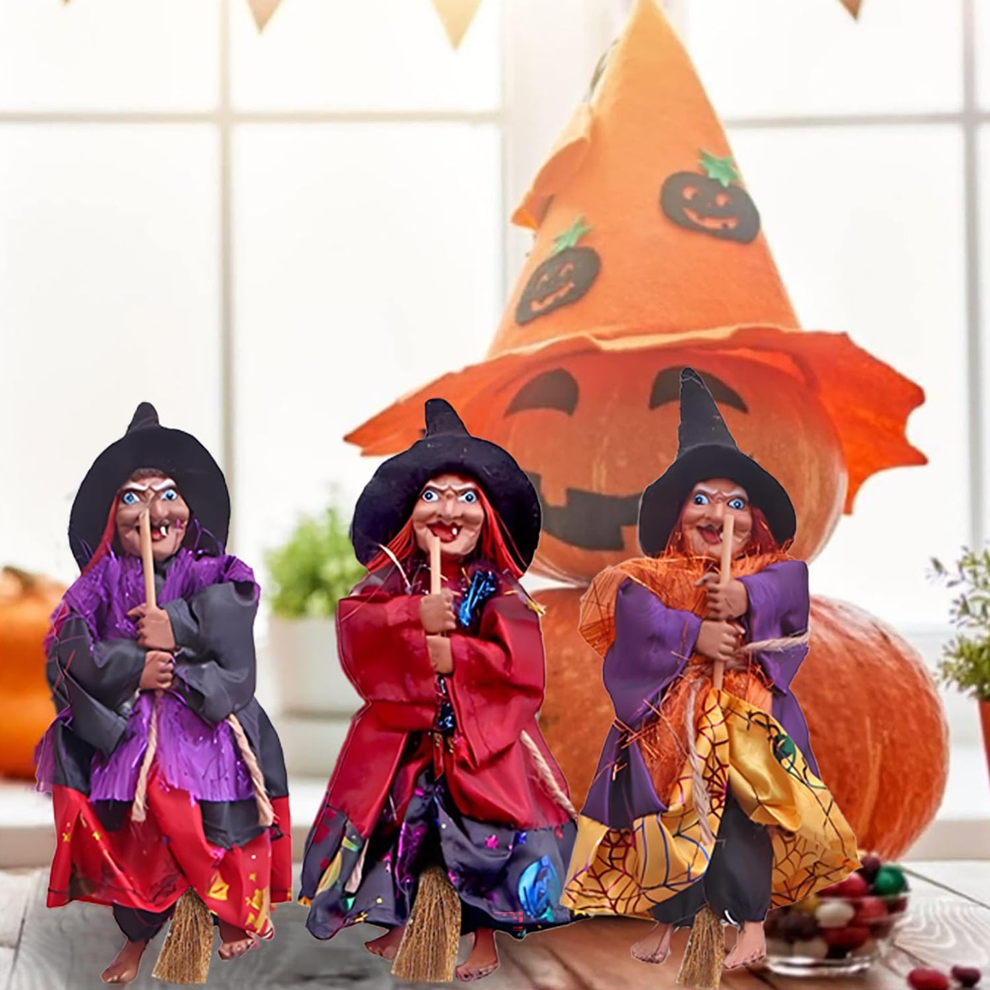 Gawertoy Halloween Witch Ornaments 3 PCS, 8" Flying Witch Figures on Broomsticks, Haunted House Hanging Props
