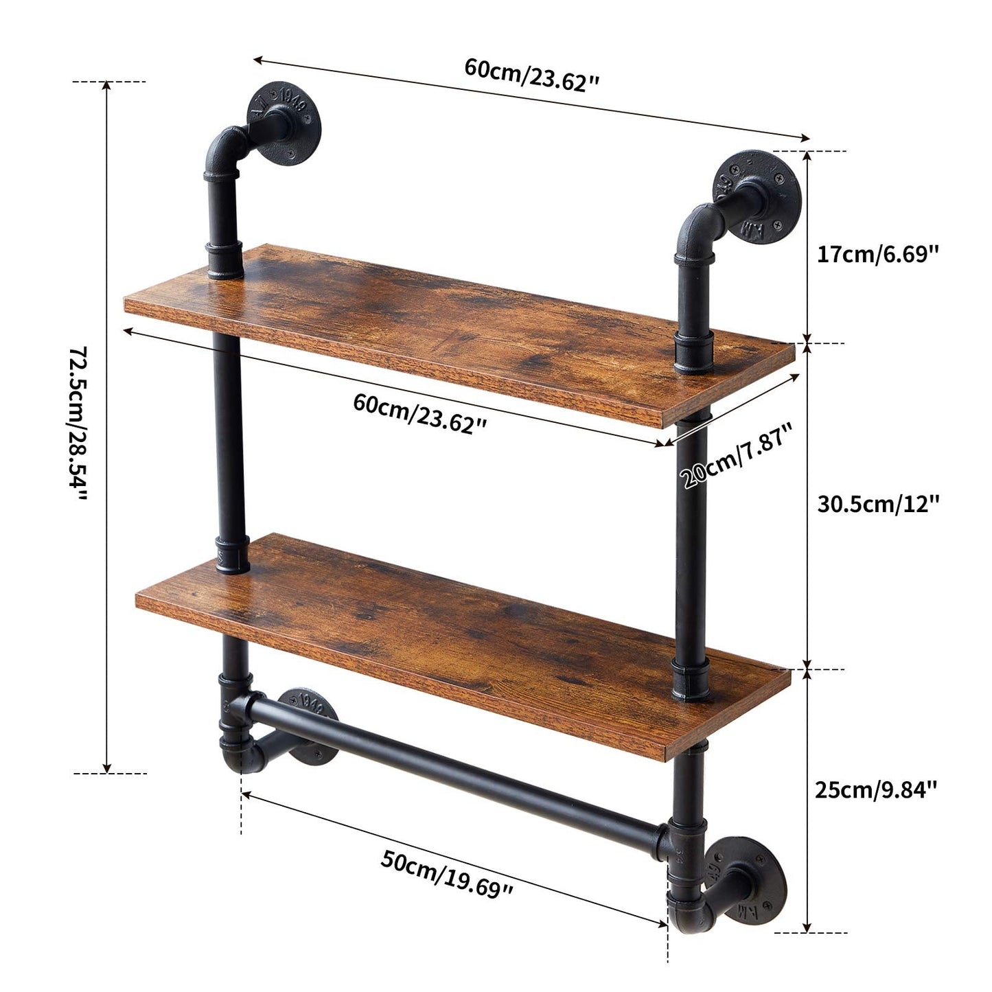 YMYNY Industrial Pipe Shelf Bracket, 2 Tiers Retro Wall Mounted Floating Shelf, Wood Look DIY Storage Shelving Bookshelf, UHRF-TM014