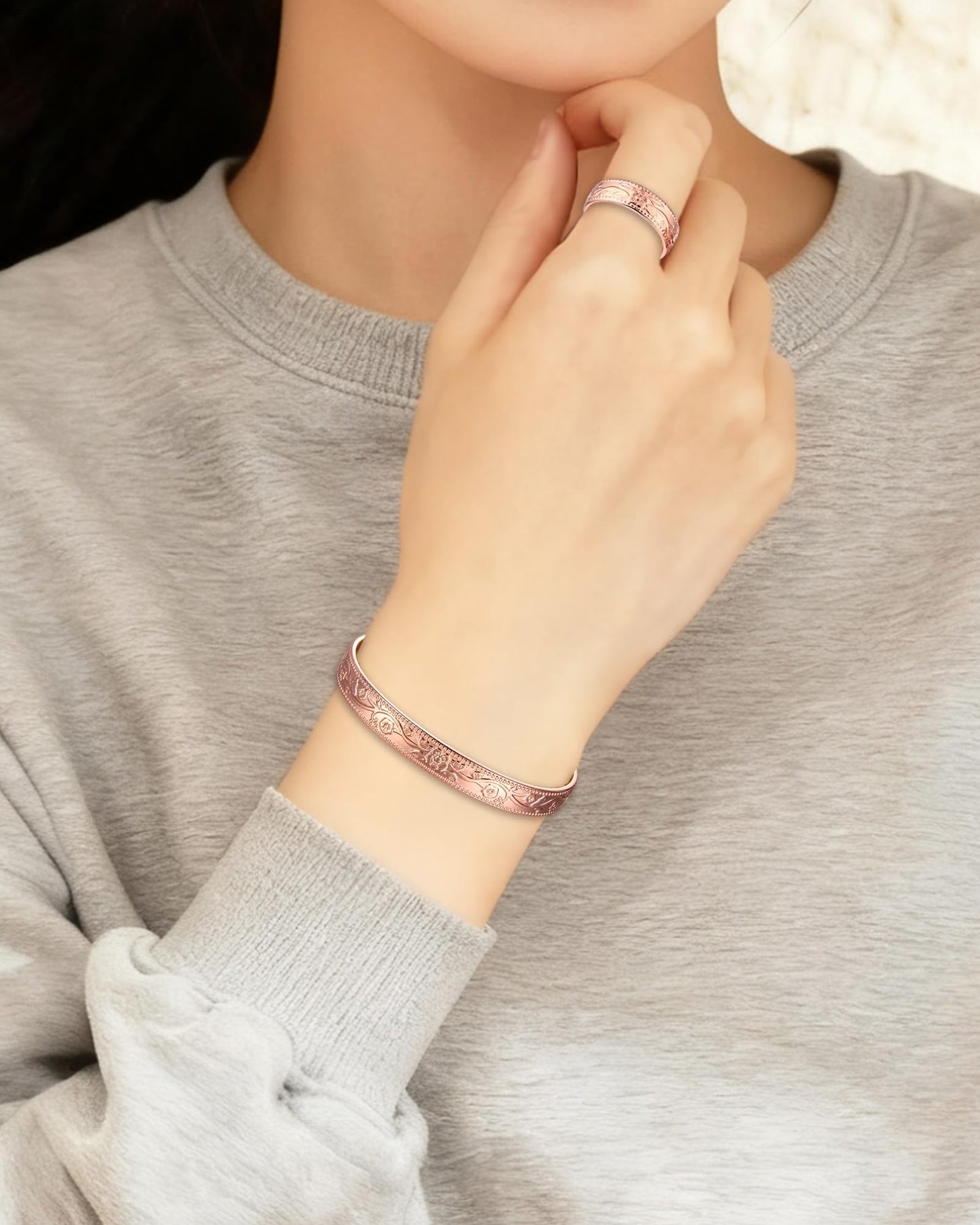 BioMag Women's Lymphatic Drainage Ring & Copper Bracelet, 99.99% Pure Copper Magnetic Bracelet & Ring with Built-in 3500 Gauss Magnets, Adjustable Size, Floral Vine Pattern