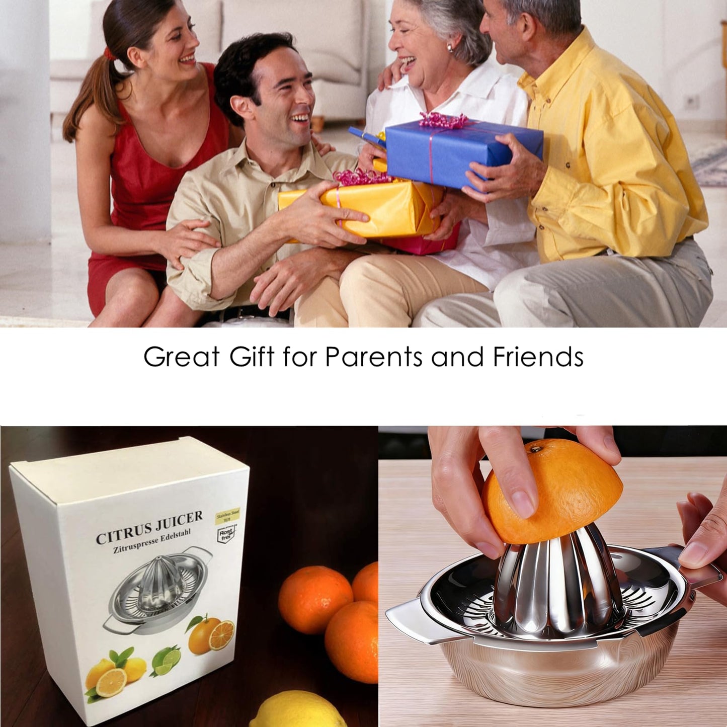 Citrus Lemon Orange Grapefruit Juicer Manual Squeezer 304 Stainless Steel Robust Hand Juicer Reamer Rotation Press with Strainer＆10oz Bowl, 2 Pour Spouts, Dishwasher Safe, Easy to Clean, Heavy Duty