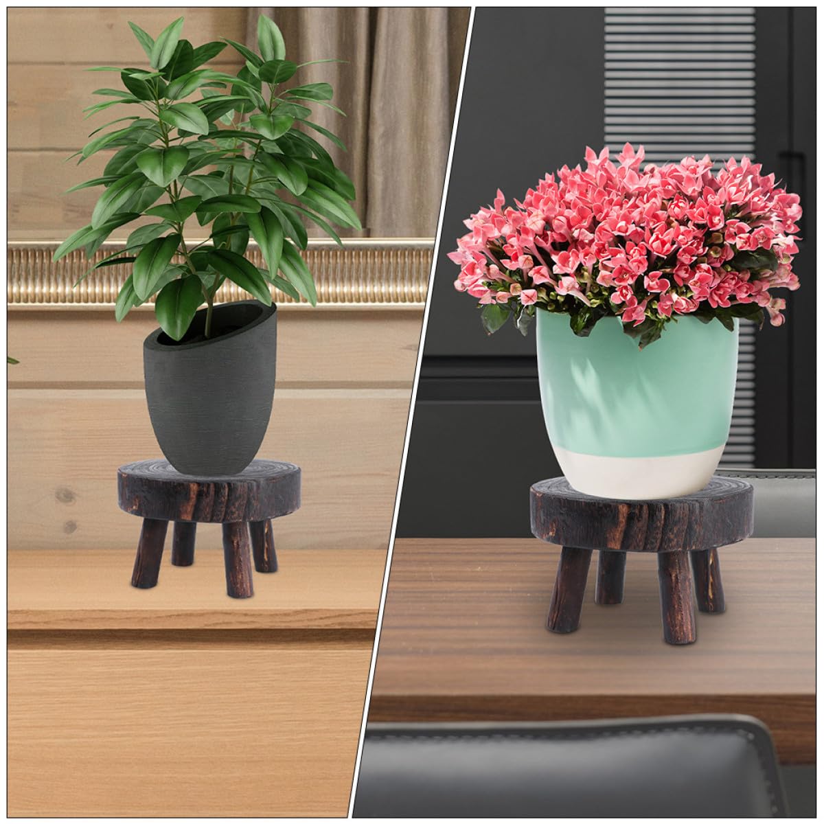 Kisangel Rustic Wooden Plant Stand Stool Xin Copper Finish Decorative Flower Pot Holder Indoor Outdoor Garden Shelf Display for Potted Plants