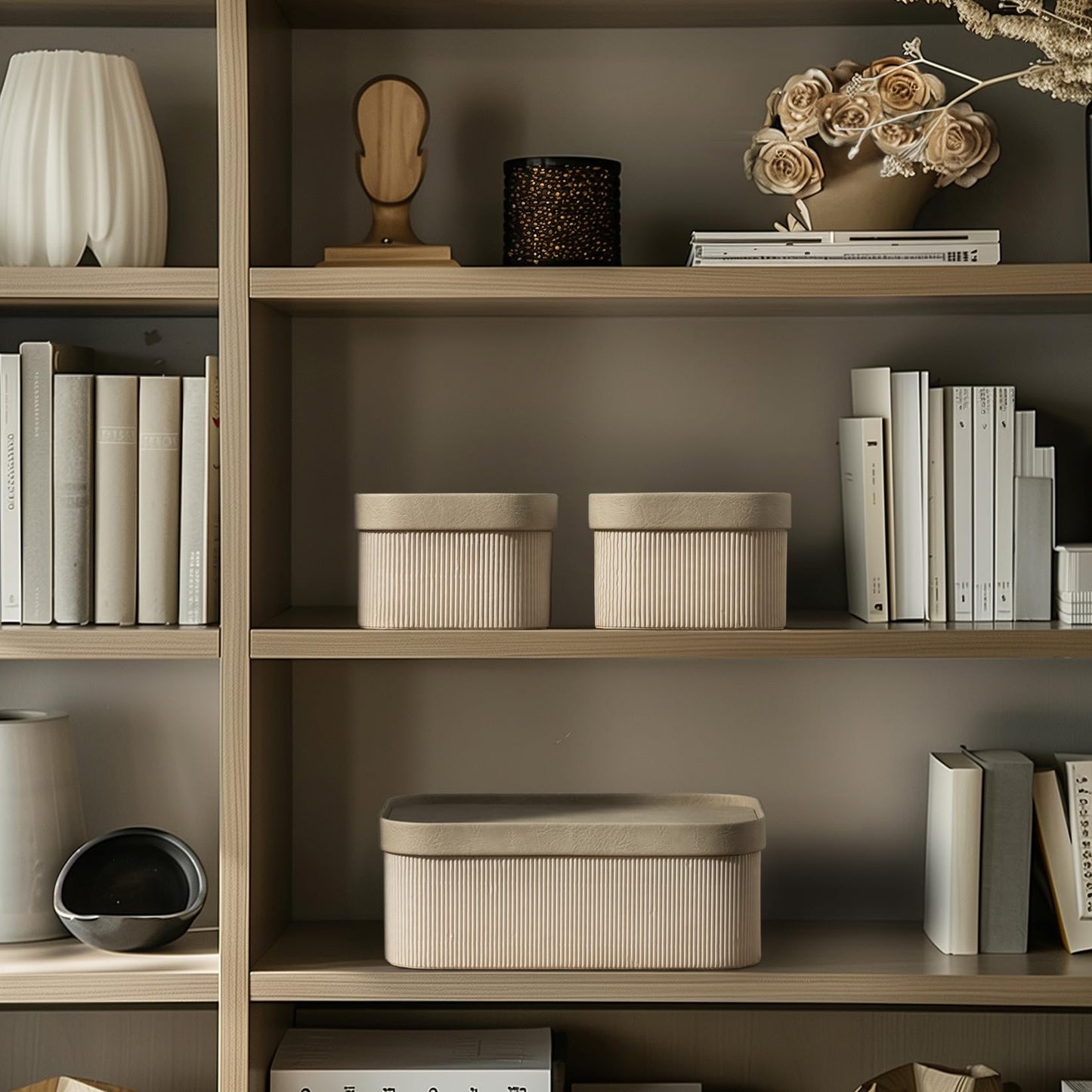 La Jolie Maison Fluted Cardboard Storage Baskets with Leather-Like Lids, Sturdy Stackable Paper Boxes Decorative Tray,Set of 3 Ivory