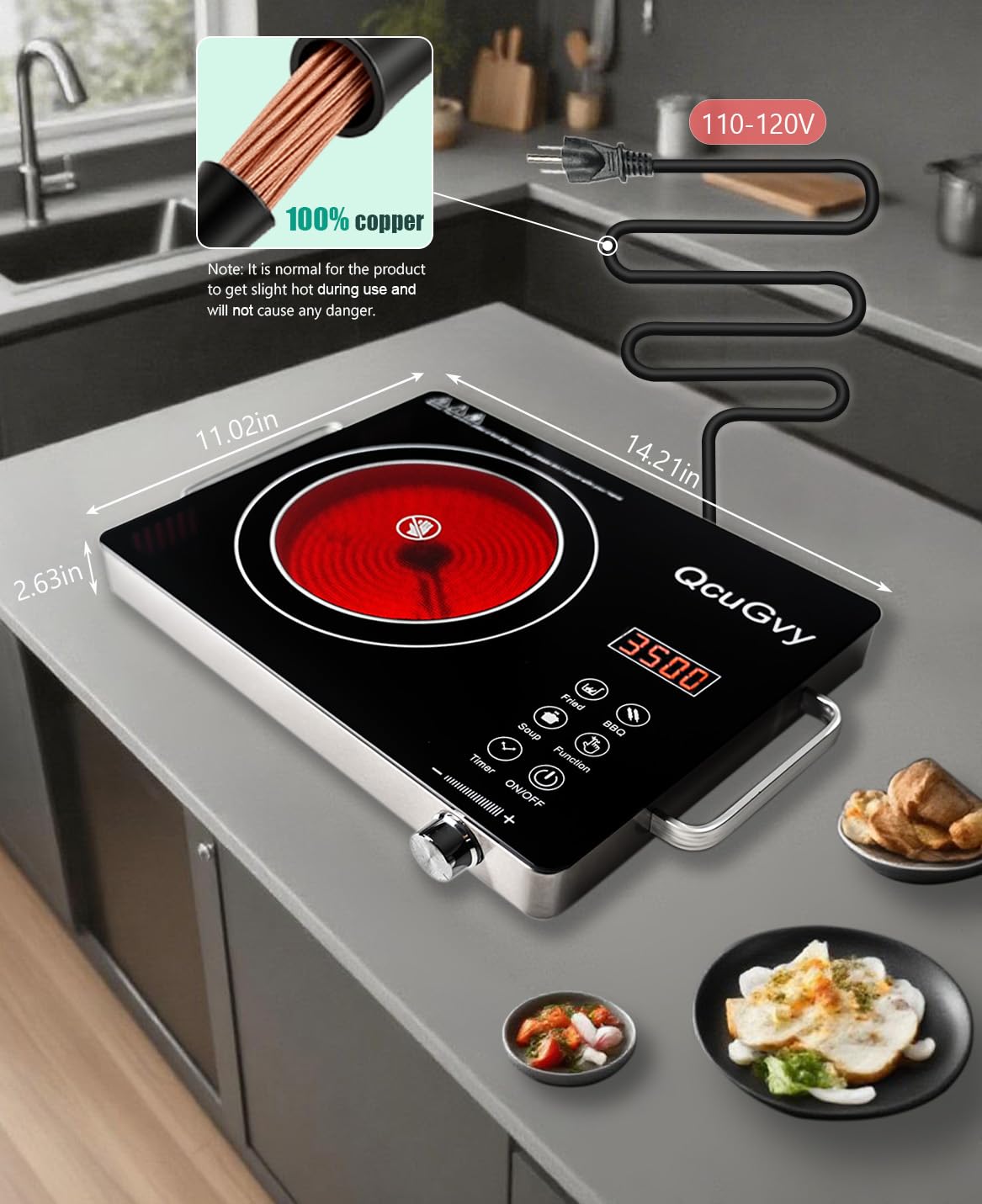 14" Portable Infrared Burner 3500 Electri Burner with 3 Hours Timer-Electric Hot Plate Touch Control Panel Adjustable Heating Power Glass Plate Electric Cooktop for Cooking (Black)