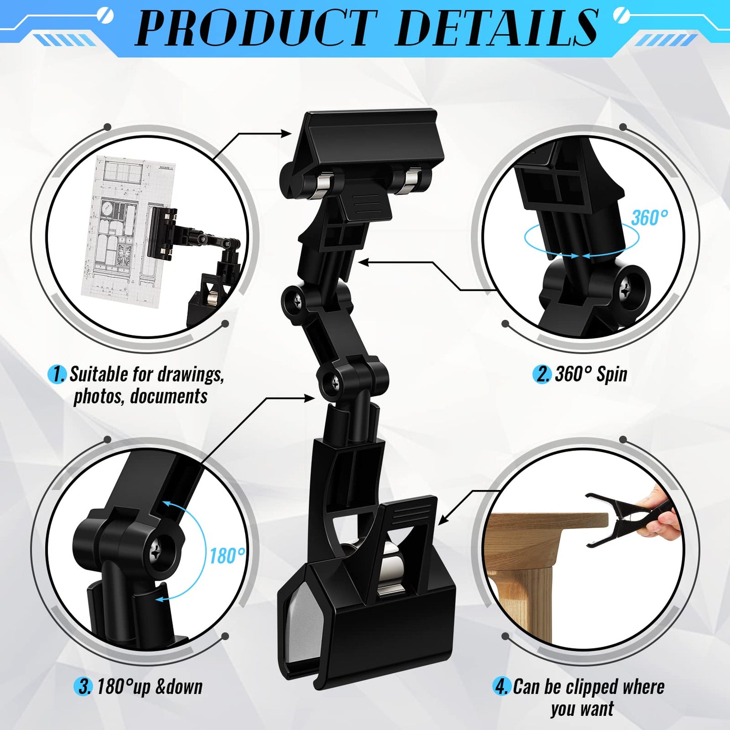 Pack of 4 Flexible Documents Holder Foldable Adjustable Copy Paper Holder Clip for Computer Monitor Handy Artist Supplies Rack Canvas Clamp Double Head Typing Painting Easel Accessory(Black)