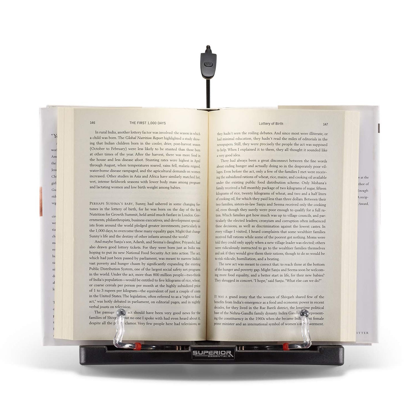 Superior Essentials Book Stand for Reading Hands Free - Recipe Book Cookbook Holder Stand for Kitchen Counter and Page Clips - Ideal for Textbooks, Cookbooks, and Devices