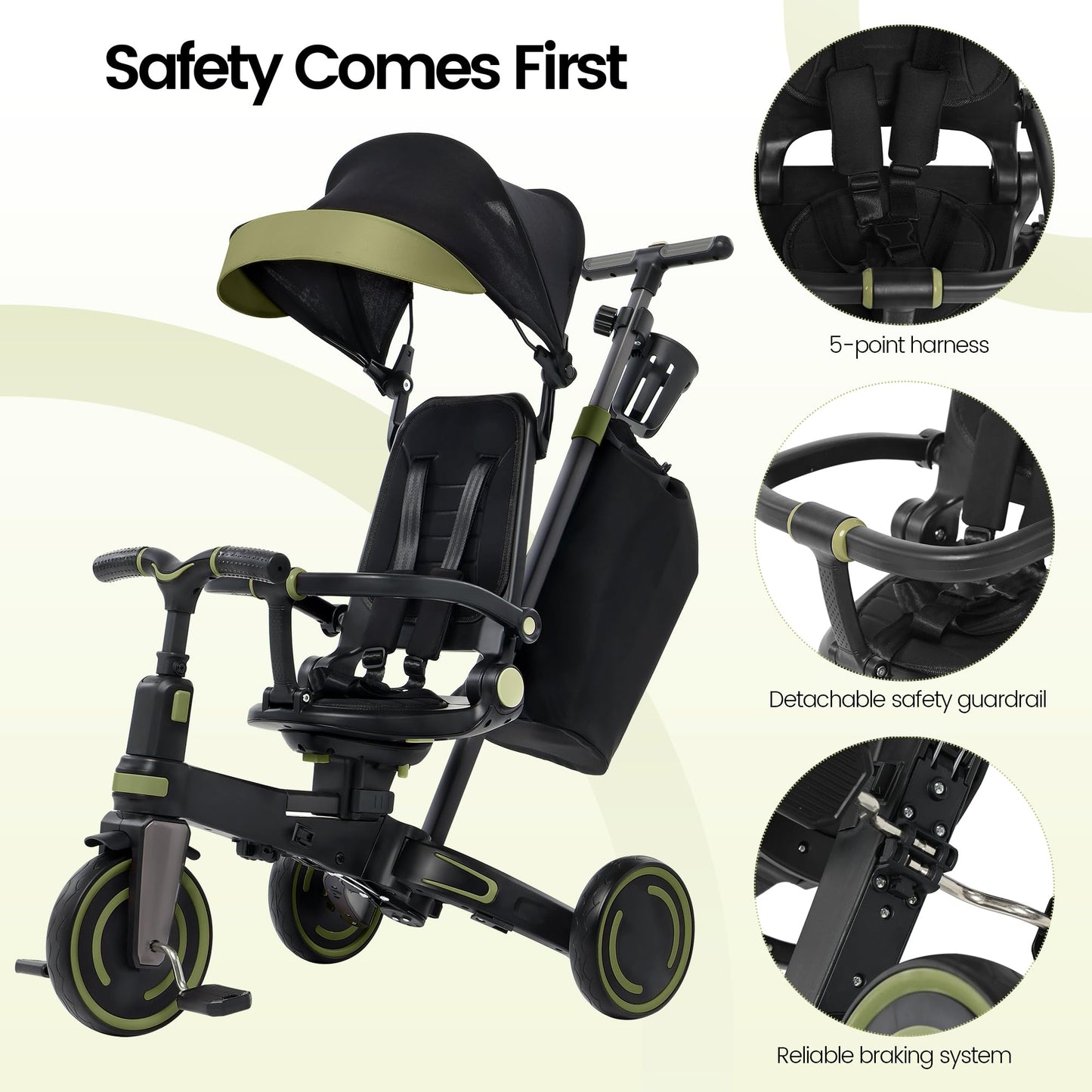 Aneco 9-in-1 Multi-functional Baby Tricycle for Toddlers 10 Months-3 Years with Removable Canopy Rotatable Seat Safety Harness Wheel Brake Adjustable Push Handle Storage Bag Cup Holder Black and Green