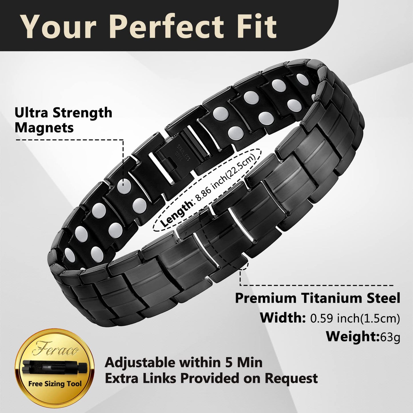 Feraco Magnetic Bracelet for Men Titanium Steel Bracelets with Double Row Magnets Adjustable (Black)