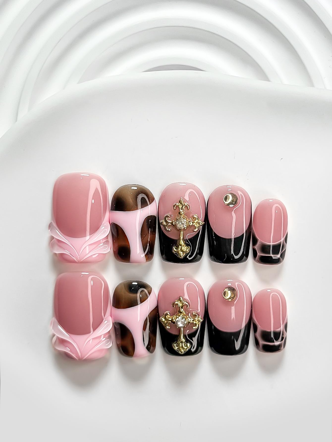 Curatique Handmade Press on Nails - Artificial Acrylic Nails Blue French Tips Stick on Nails 3D Pearl Fake Fingernail Summer False Nails for Women Manicure 10 Pcs (Pink Grunge, M, Almond)
