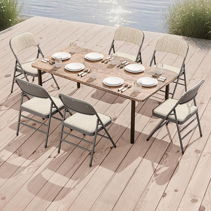 6 Pack Folding Chairs Fabric Dining Chair Set with Padded Cushion and Back, Indoor Outdoor Foldable Seat with Steel Frame for Home Office Events Wedding Party, Oatmeal Strip Seating