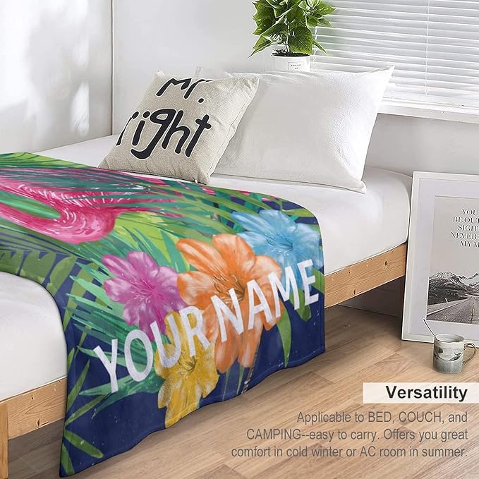 Custom Flamingo Blanket Gifts with Name - 30 x 40 Inches Funny Flamingo Throw for Girls - Green Soft Fuzzy Plush Blankets for Chair