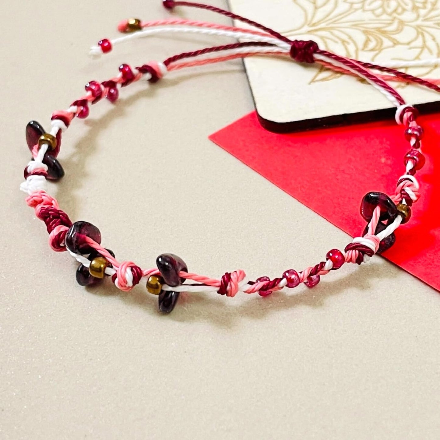 PusSoul Handmade Small Garnet Crystal Bracelet (6.5-7.5'') - Hand Braided, Natural Crystal, Adjustable, Waterproof, Chakra Beaded - Valentine Gifts for Women, Girlfriend & Couples from