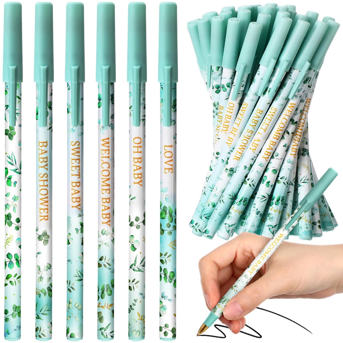 Humyoun 48 Pcs Eucalyptus Leaf Baby Shower Ballpoint Pens Black Ink Bulk for Greenery Baby Shower Party Supplies Guests Gifts School Supply Table Decorations, 6 Styles