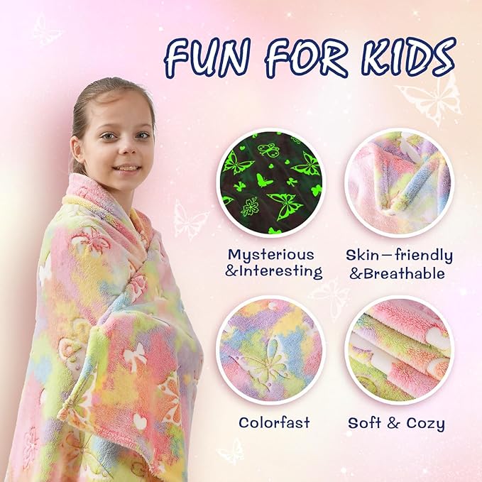 SOCHOW Butterfly Glow in The Dark Blanket for Daughters, Toys for 3-10 Year Old Birthday Presents, Soft Cozy Flannel Throw Blanket for Preteens Teens, Yellow 60 x 80 Inches