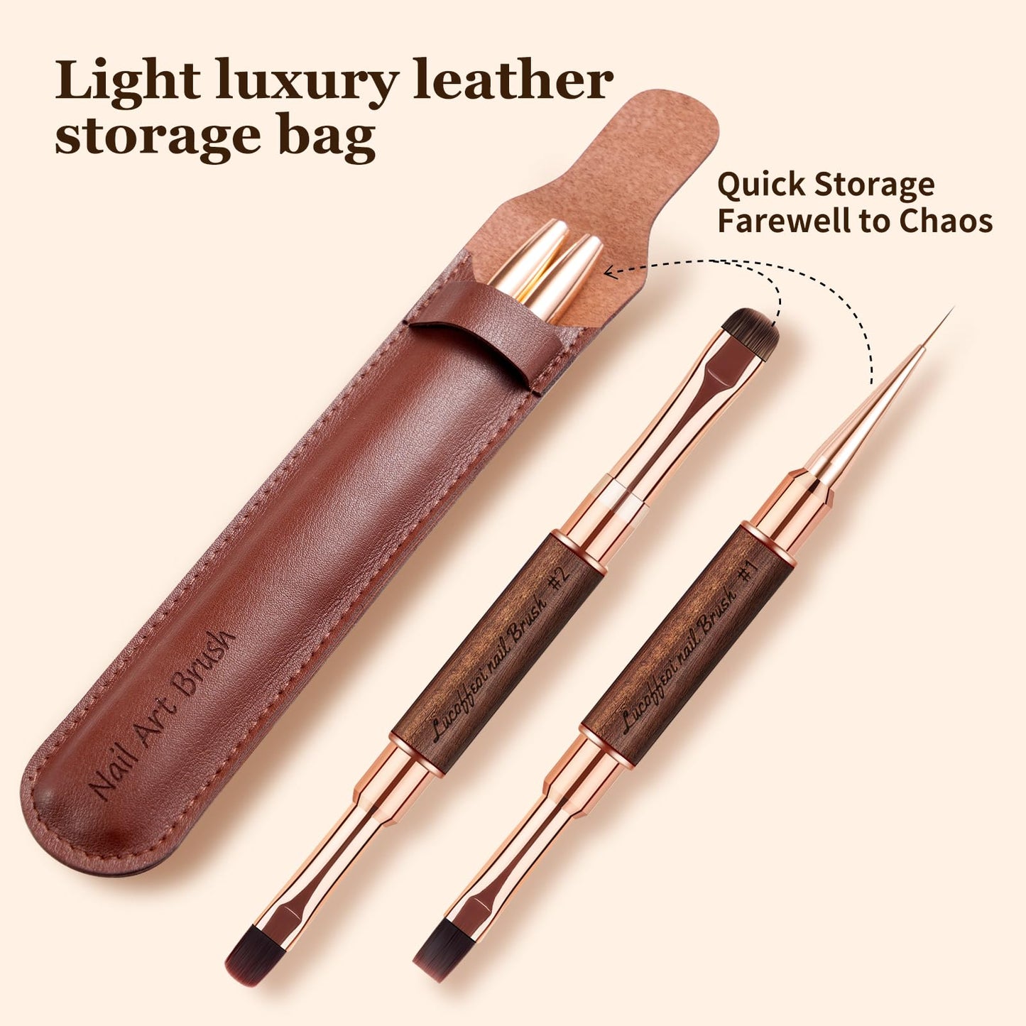 Nail Brushes Set for Builder Gel & Polygel, 2-Pack Double-Ended with Wooden Handles & Pouch (Round + Square, French tip + Liner)