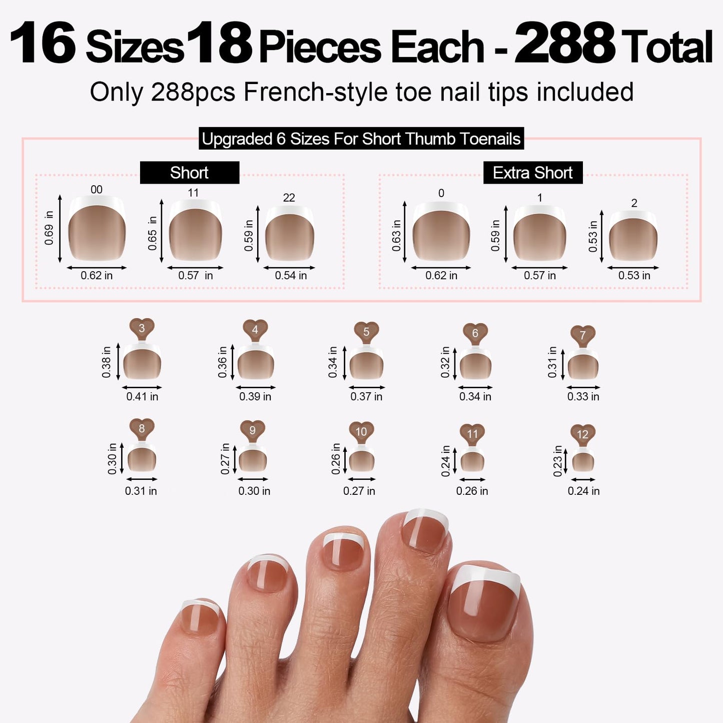 French Toe Nail Tips Press ons 288pcs, Pre-Designed 16 Sizes Soft Gel Full Cover Fake Toenails for Women Short Square, Pre-Applied Brown Base Coat & Tip Primer for DIY (Brown)
