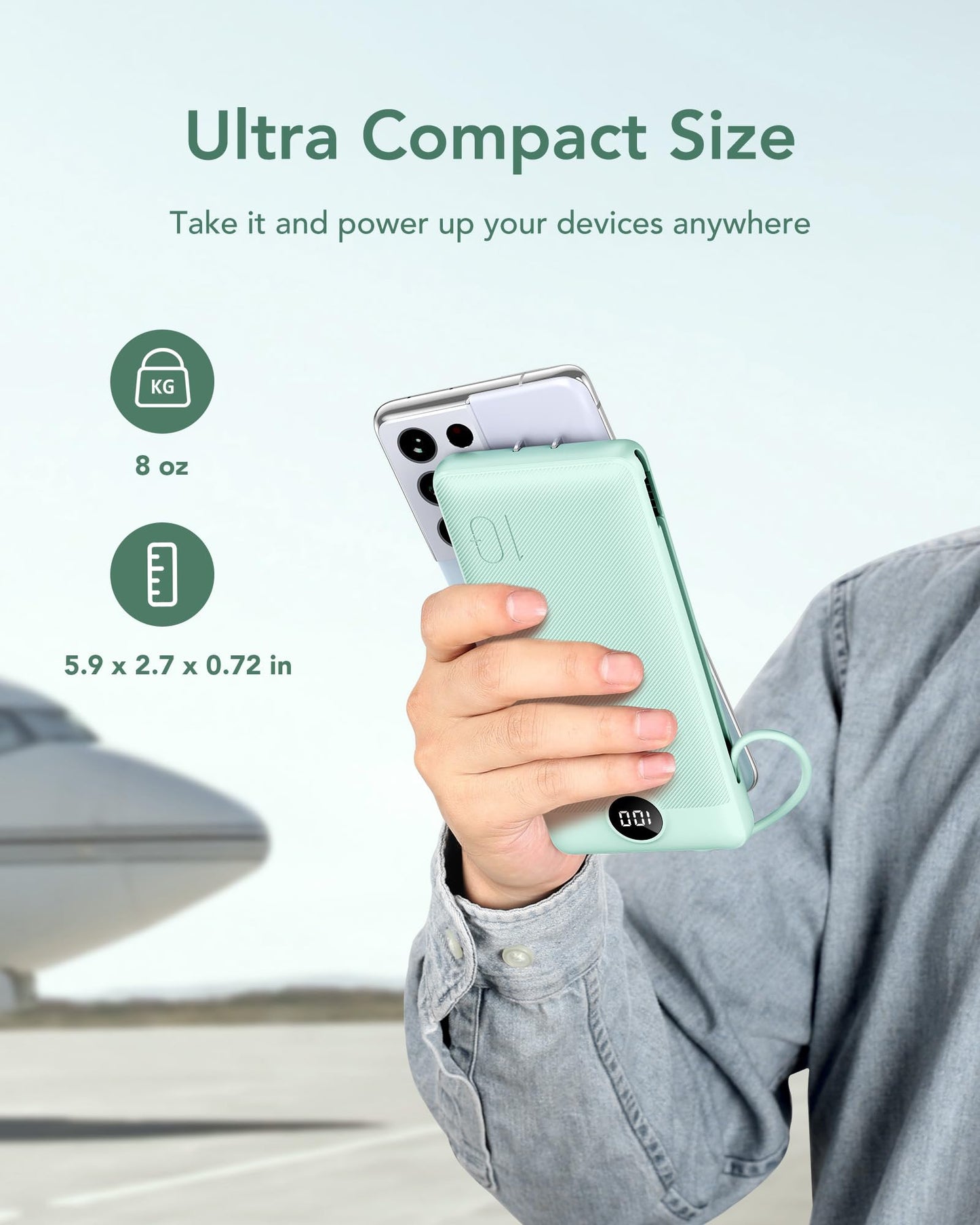 VEGER Portable Charger with Built-in AC Plug and Cables, All in One 10000mAh Ultra Slim Power Bank Travel Essentials, Fast Charging Battery Pack Compatible with iPhone, Samsung, Android (Green)