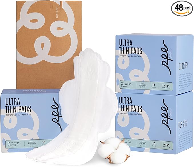 100% Large Organic Pads for Women, Ultra Thin Heavy Flow Sanitary Pads with Wings, Unscented Cotton Pads Menstrual, Super Absorbency Feminine Pads Extra Coverage Period Pads (Large, Size 4, 48ct)