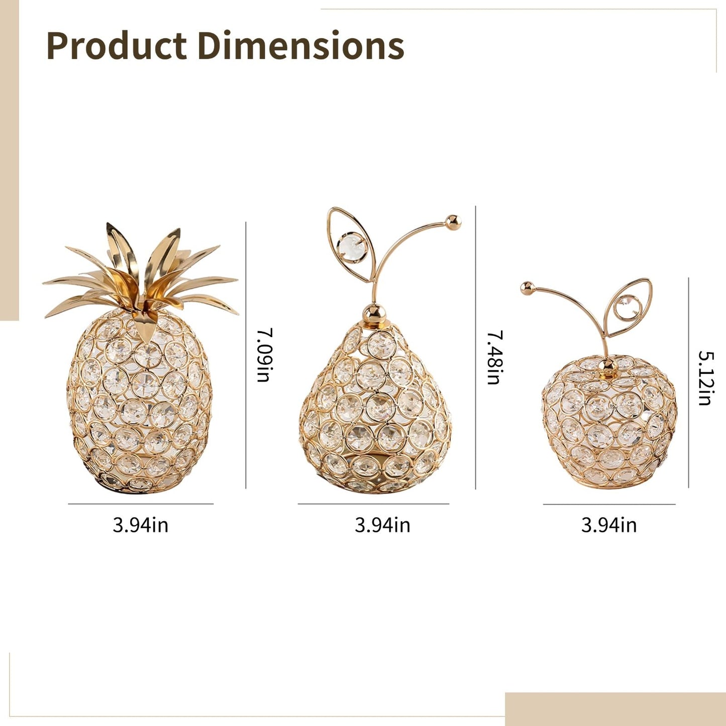 3 Pcs Golden Crystal Hollow Candlestick, Metal Crystal Table Centerpiece, Including Pineapple Pear Apple, Decorative Candlestick, Ideal for Wedding, Party, Anniversary and Home Decor