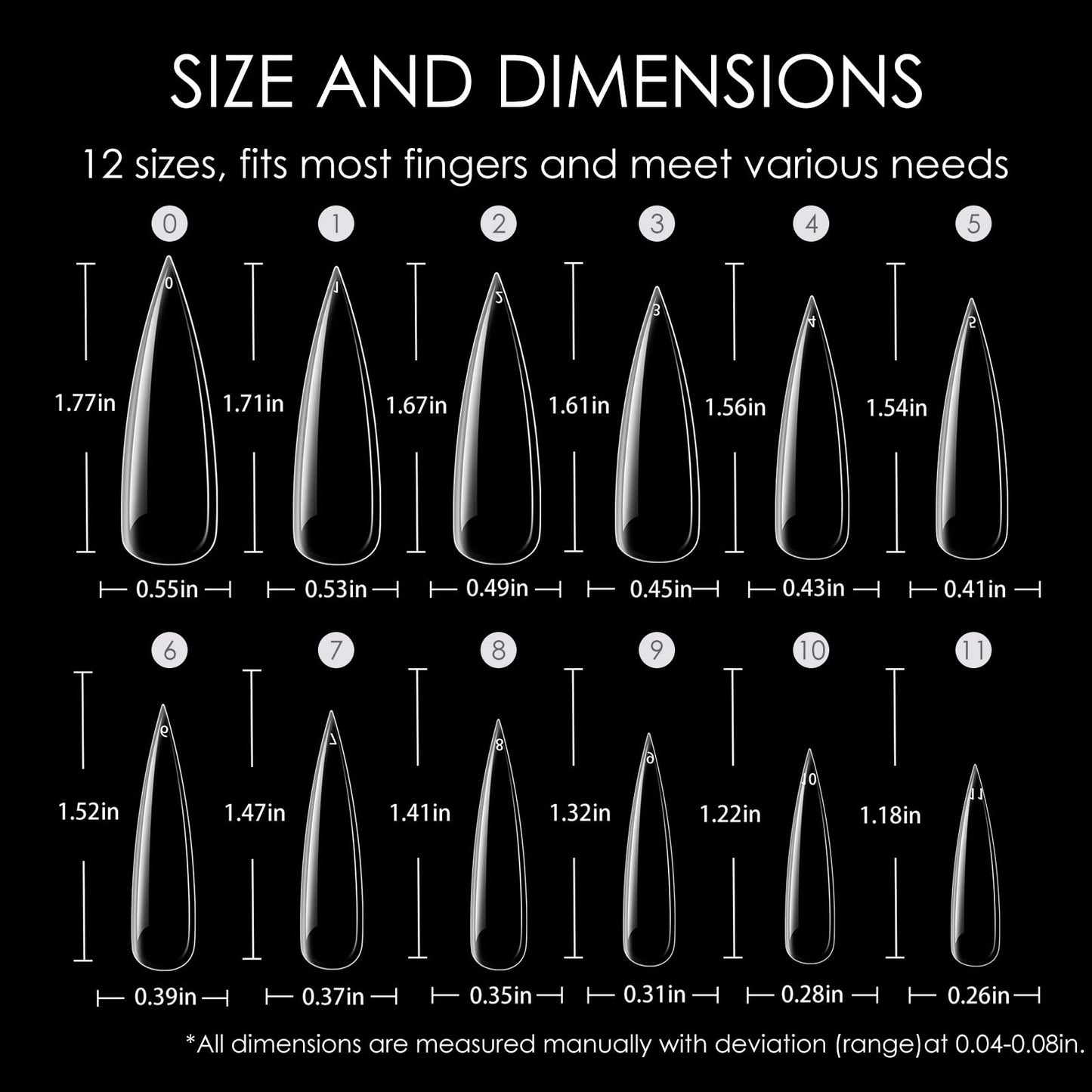 WELLQUINN Stiletto Nail Tips, 360PCS Full Cover Clear ABS False Nails for Acrylic Nails, DIY Nail Art & Manicure Salon, 12 Sizes