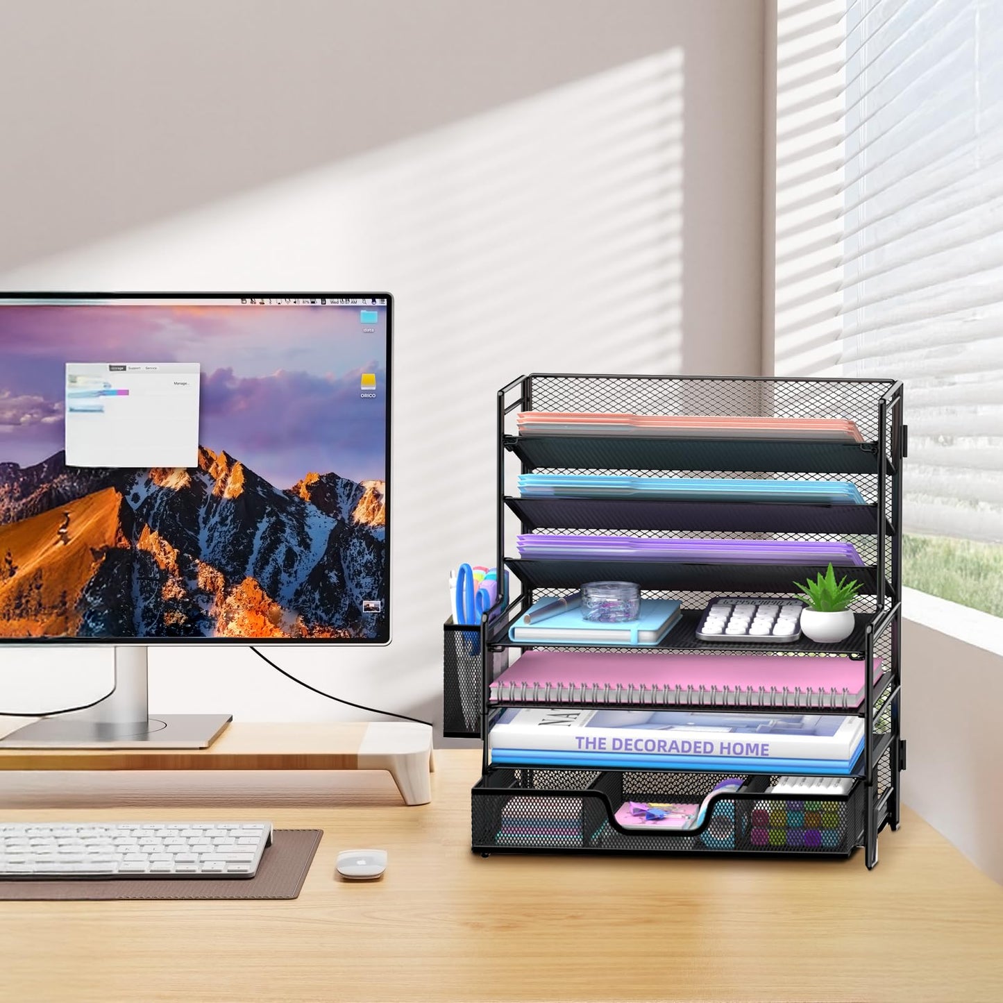 SUPEASY 7 Tier Desk Organizer with Drawer & Pen Holder, Heavy Duty Metal Letter Tray Paper File Organizer for Home Office School Classroom, Black
