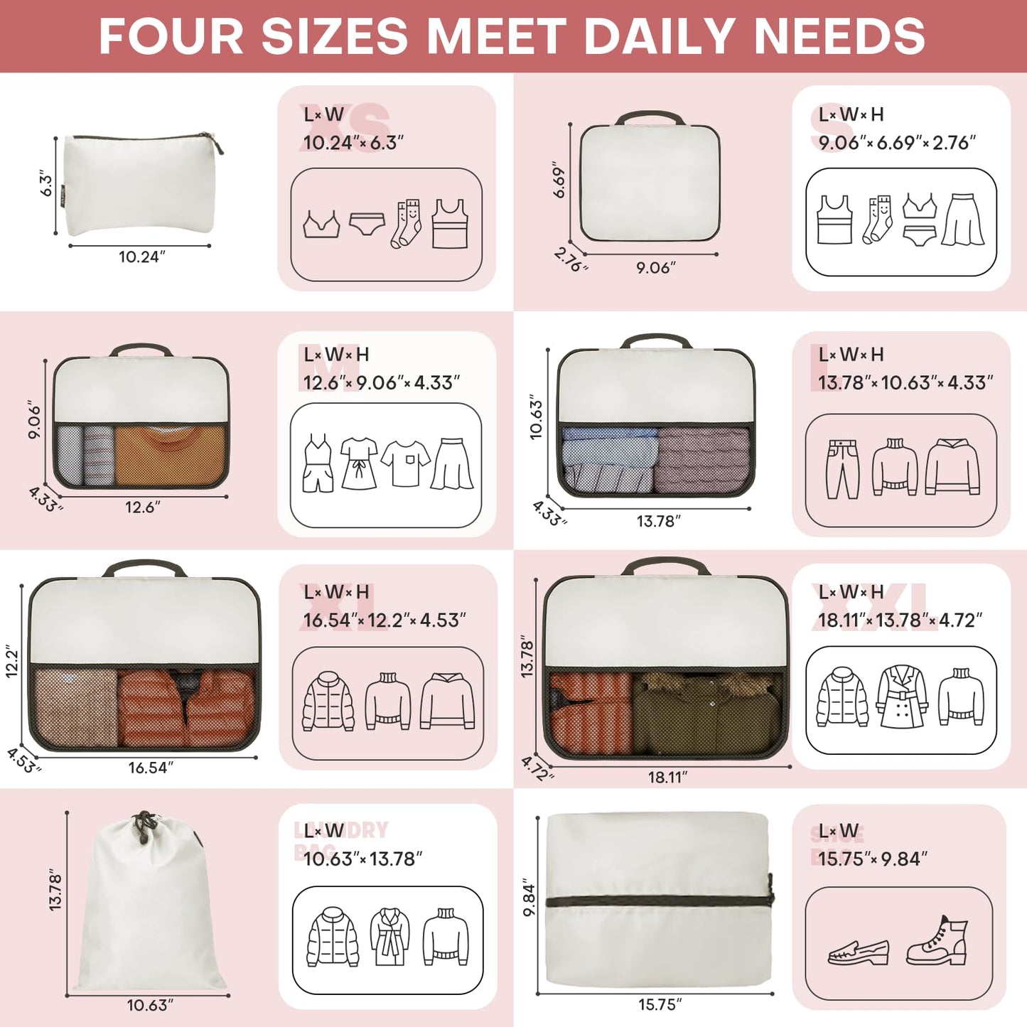 SDGFUI 8 PCS Compression Packing Cubes for Travel Women, Compression Bags Organizer for Luggage Space Saving Travel Essentials and Carry on, Luggage Organizer Bags for Suitcase - Beige