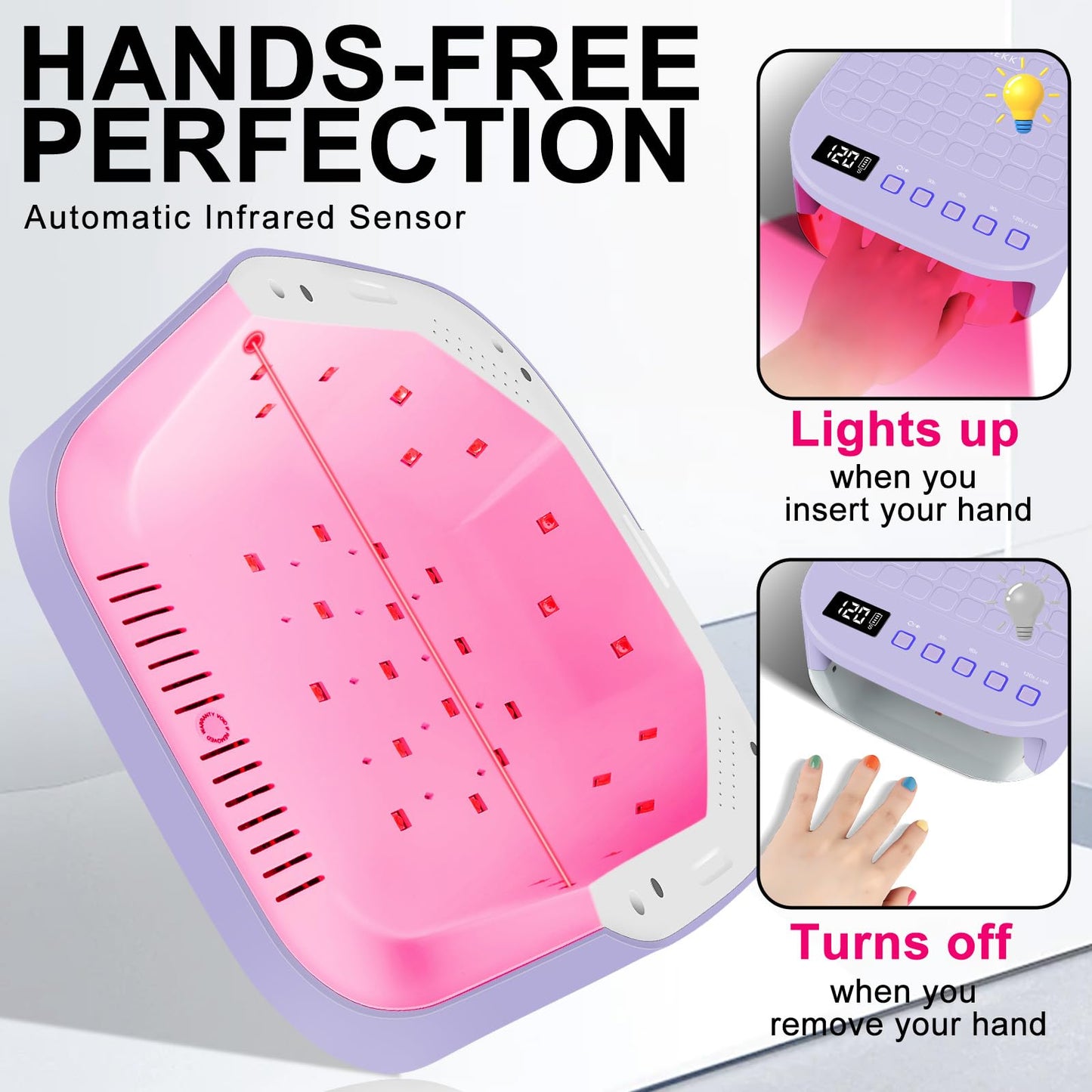 MEKK Cordless UV LED Nail Lamp, 54W UV Light for Gel Nails with Hand-Friendly Red Light, Auto Sensor Professional Flash Cure Lamp with Rotatable LCD Display for Salon and Home, Checkered Design-Purple