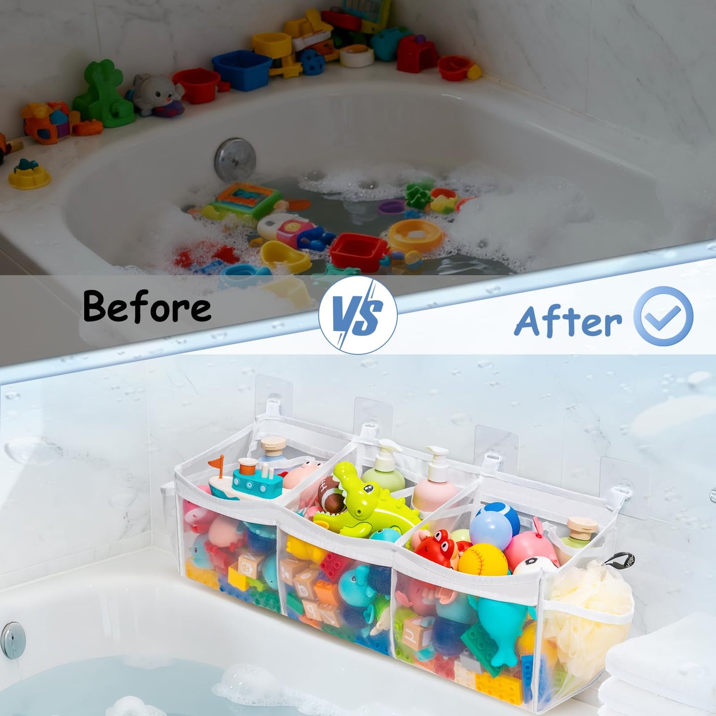 Criusia Extra Large Bath Toy Organizer with 3 Compartments and Multiple Pockets, Quick-Dry Mesh Bathtub Storage for Kids' Toys