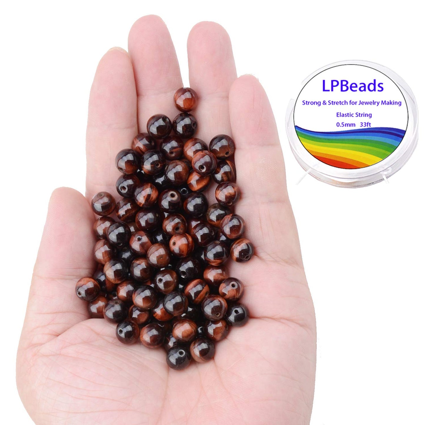LPBeads 100PCS 8mm Natural Red Tiger Eye Gemstone Round Loose Beads for Jewelry Making with Crystal Stretch Cord