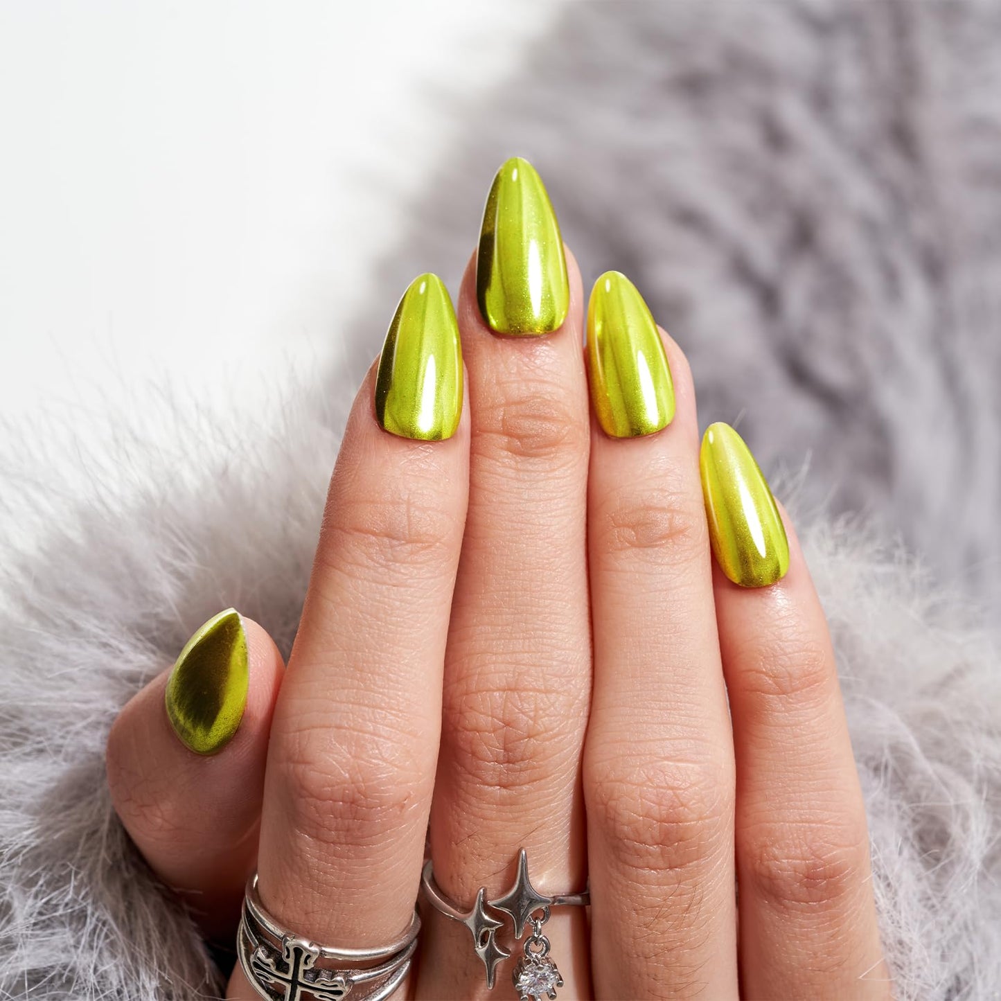 Press On Nails Medium Almond, Metal Mirror Green Handmade Jelly Gel False Nails Kit, Glossy Stick On Nails Tips, Glitter Glue On Nails, Reusable Artificial Nails with Design Manicure for Women Girls