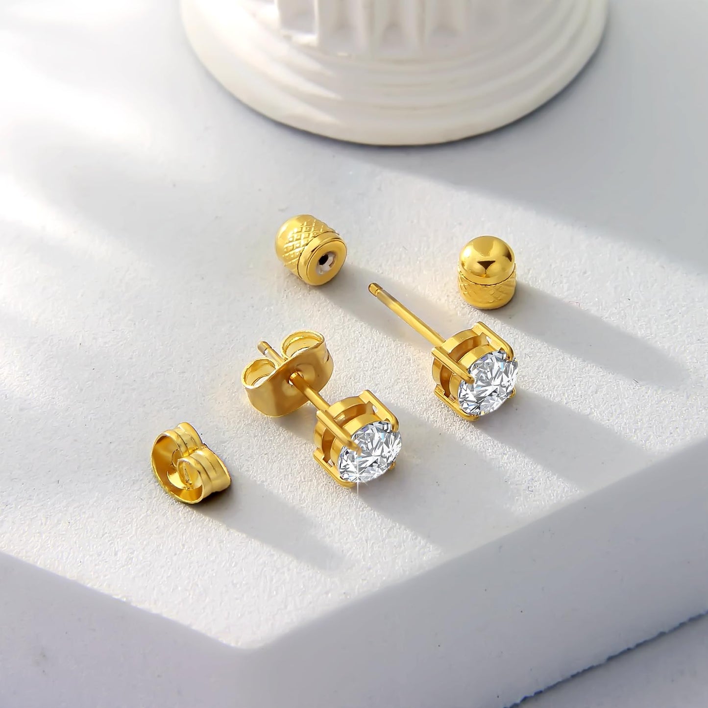Hypoallergenic Threadless Flat Back Earrings,1 Pairs Cartilage Stud for Women Men Titanium Post 20G None Screw Easy Push in Gold Black Silver Stainless Steel Flatback with CZ 3-8mm (Gold Stud, 6mm)