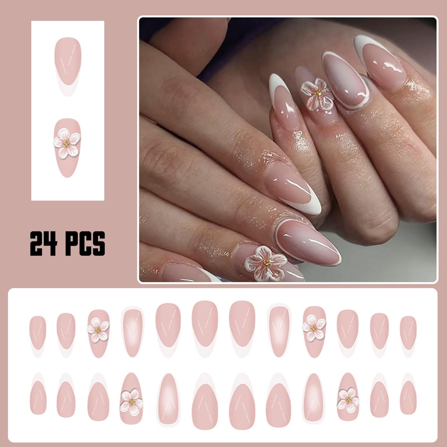 24Pcs 3D Embossed Flower Press on Nails Medium Almond Fake Nails white French Tip with Gold Pearl Design False Nails Cute Pink Floral Glossy Acrylic Artificial Stick Nails for Women DIY Manicure 24Pcs