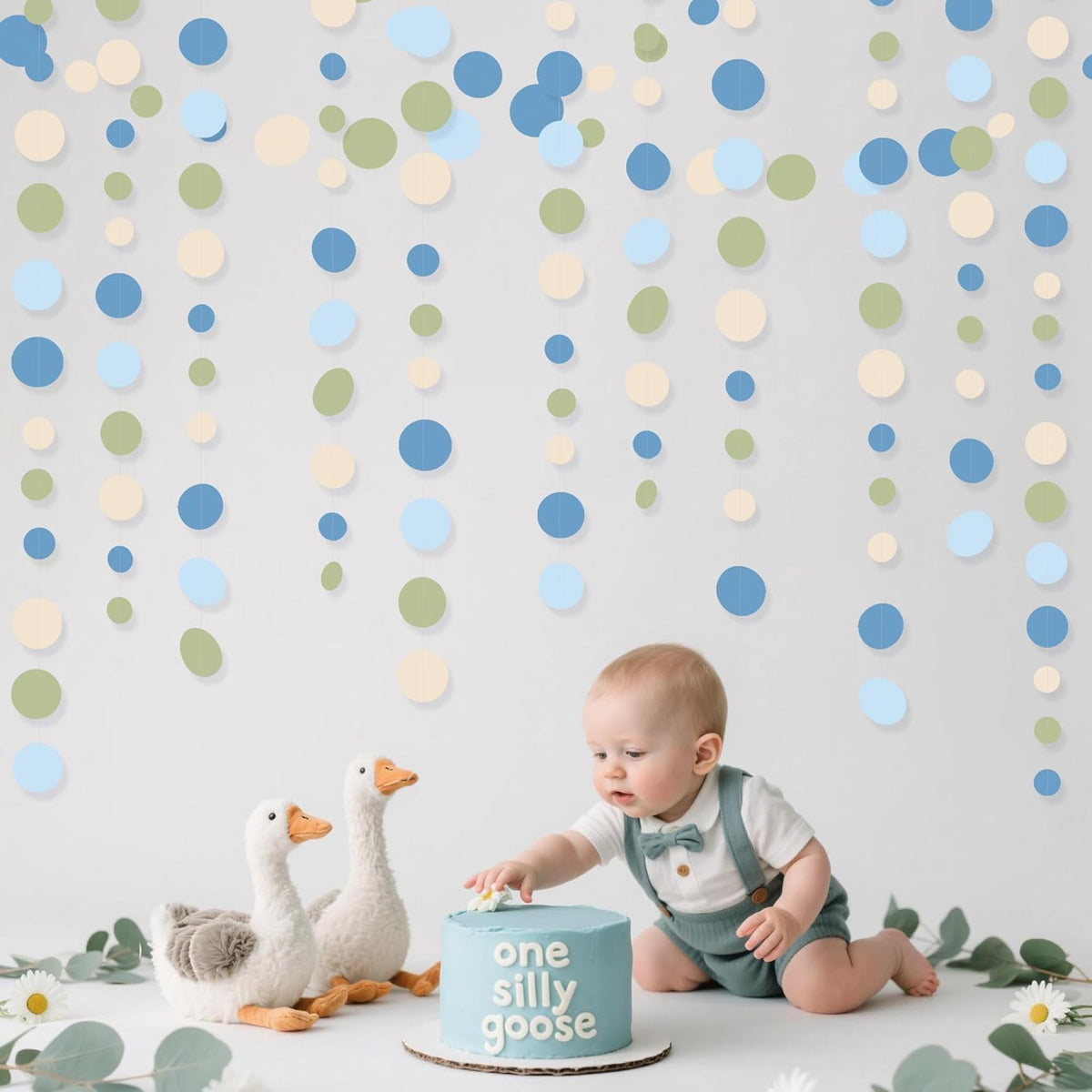 Dusty Blue and Sage Green Beige Polka Dot Garland Olive Green Dusty Blue Cream Nude Hanging Paper Circle Dots Streamer for Birthday Baby Shower Wedding One Silly Goose Theme Party Decorations Supplies