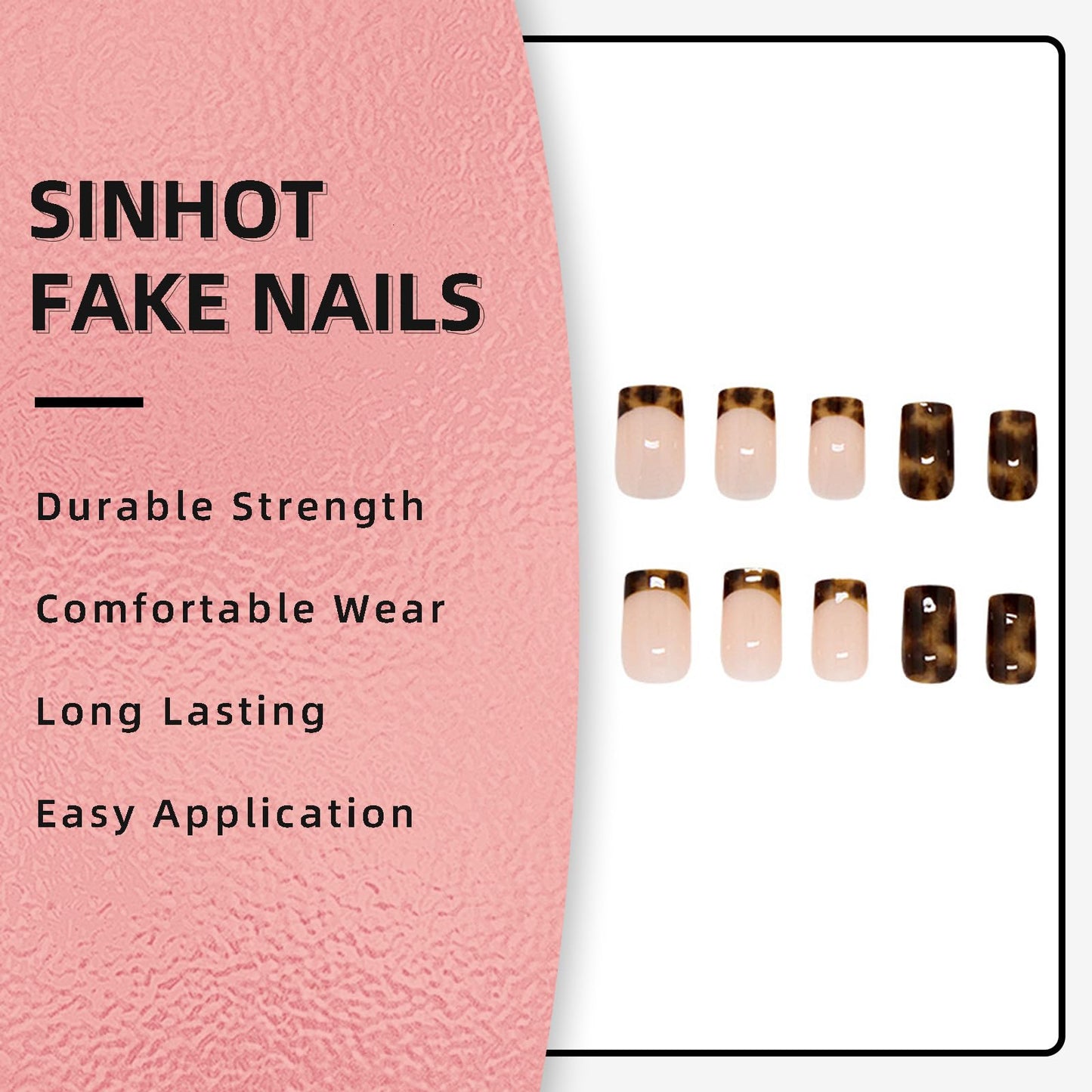 SINHOT Press on Nails - Short Square Fake Nails, Glossy Finish, Fall French Tip & Autumn Tortoise, DIY Artificial False Nail Art - 24 Pcs Nail Kit with Glue