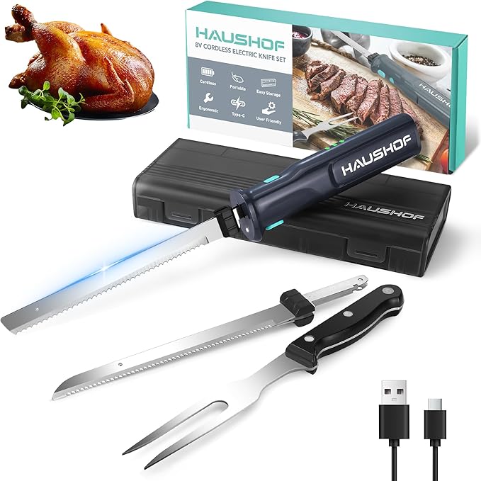 HAUSHOF Cordless Electric Knife Set for Meat Slicing, 8V Electric Carving Knife for Fish, Bread, Turkey, Rechargeable Meat Cutter with Reciprocating Stainless Steel Blades, Safety Lock & Storage Case