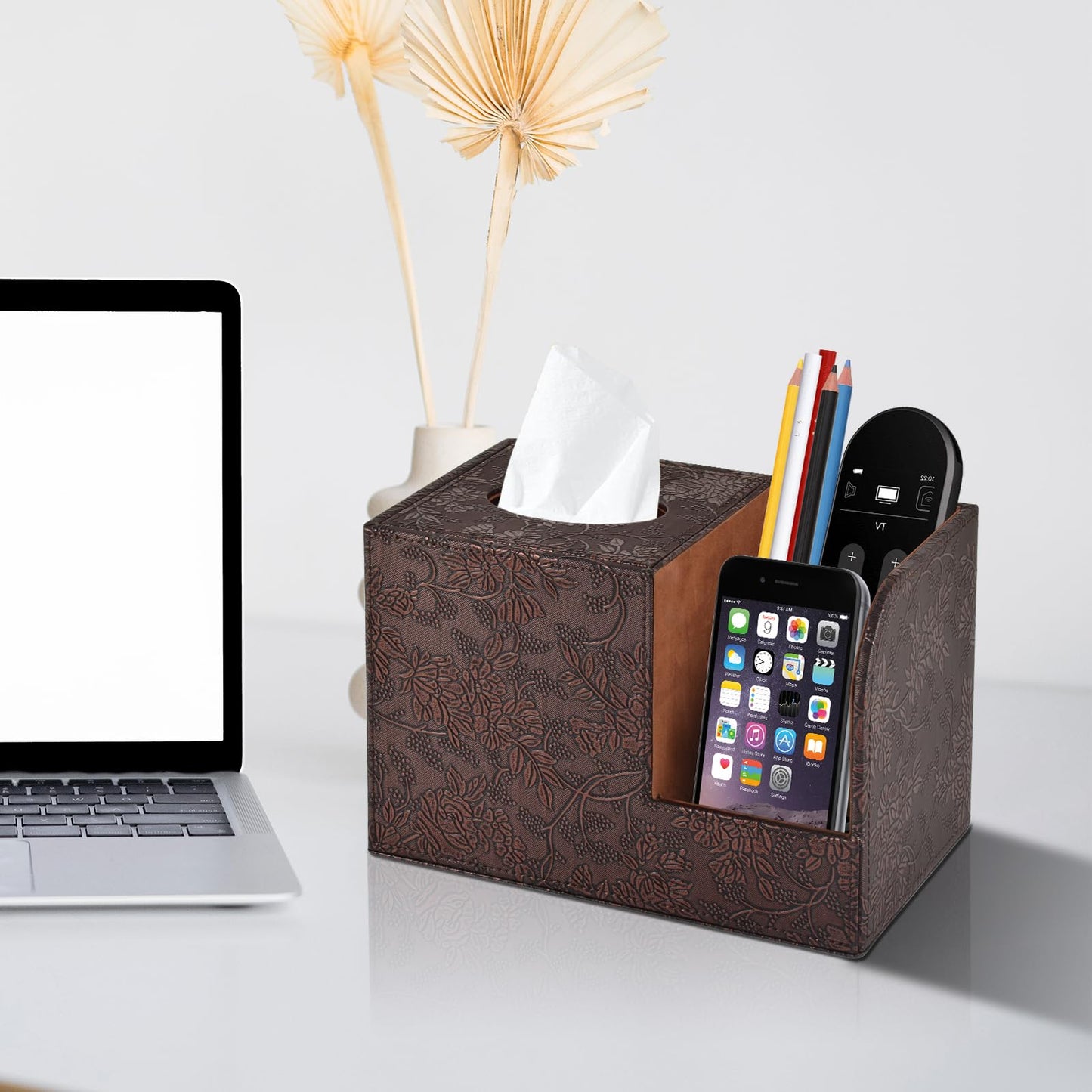 PU Leather Tissue Box Cover Square Tissue Holder Tissues Box Organizer with 2 Compartment,Remote Control Holder,Multifunctional Decorative Tissue Box Covers Cube,Home Office Desktop Storage Box,Retro