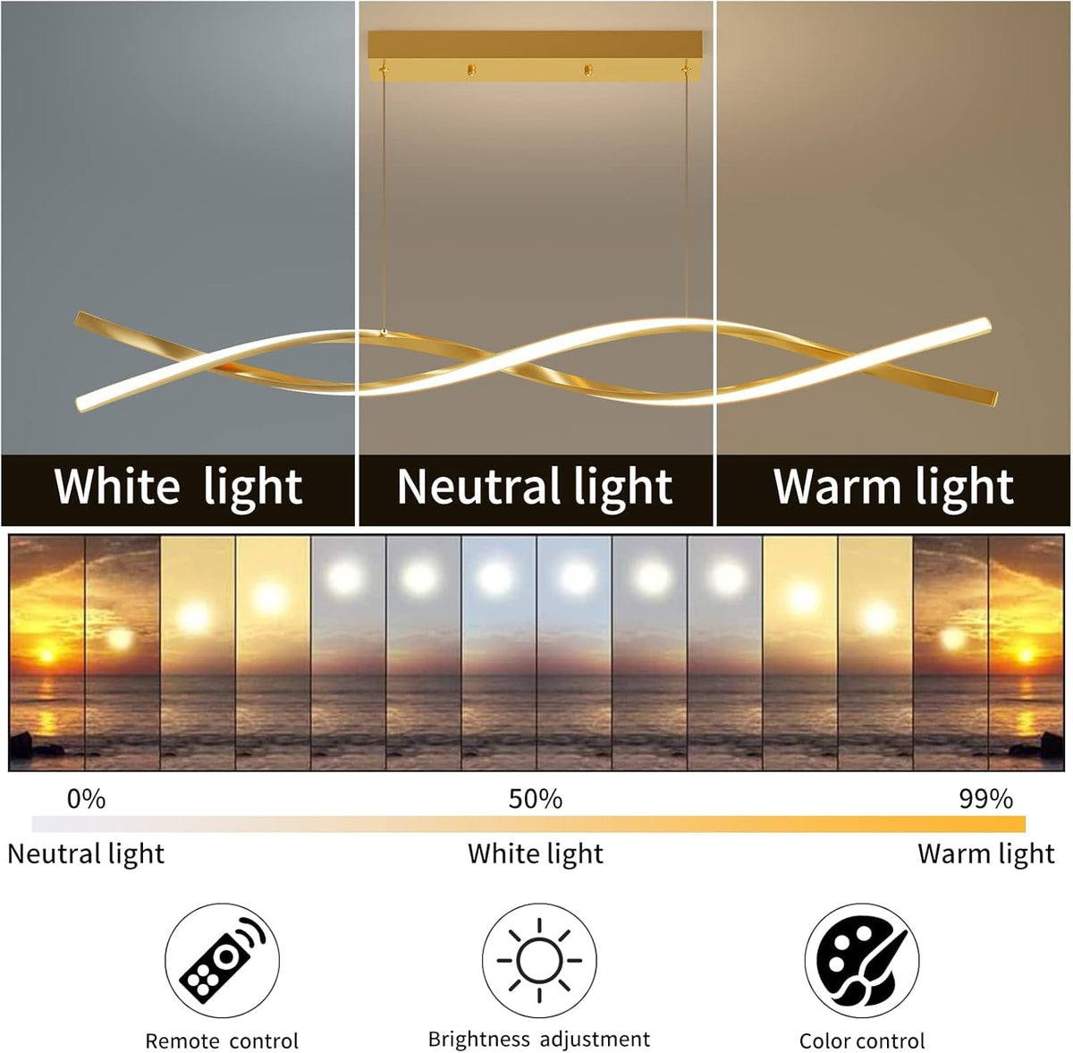Modern Ceiling Pendant Light, with Remote Control Dimmable 3 Color Mode & Brightness Ceiling Lamp, Anti-Flicker Dining Light Fixture for Kitchen, Dining Room (Gold, 39IN)