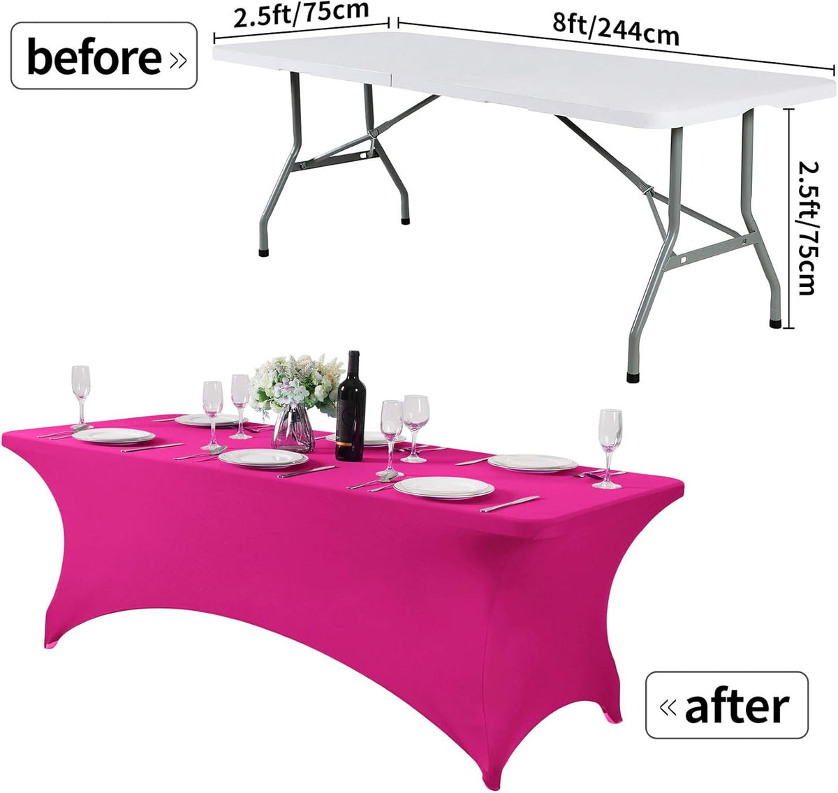 2Pack Spandex Table Cover for 8FT or 4ft or 6ft Table Universal Fitted Stretch Tablecloth for Party, Banquet, Wedding and Events-Fuchsia