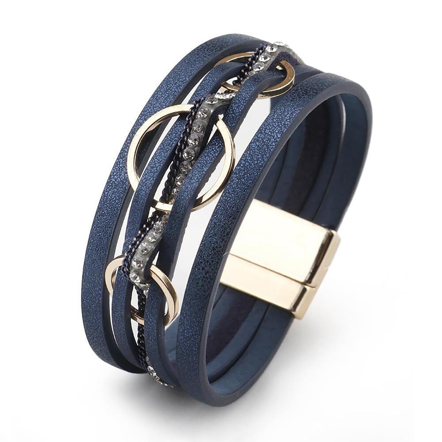 Leopard Bracelet for Women, Boho Leather Wrap Multi-Layer Pearl Crystal Bracelet Bangle Jewelry(Three Circle(Blue))