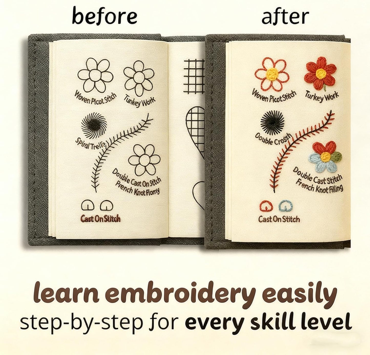 Cekomady 2026 Upgraded Embroidery Stitch Book Kit, 106 Patterns with Tools & Tutorials, 86 PCS Beginner Embroidery Kit, Portable All-in-One Hand Embroidery Book for Adults & DIY Craft Lovers (1Set)