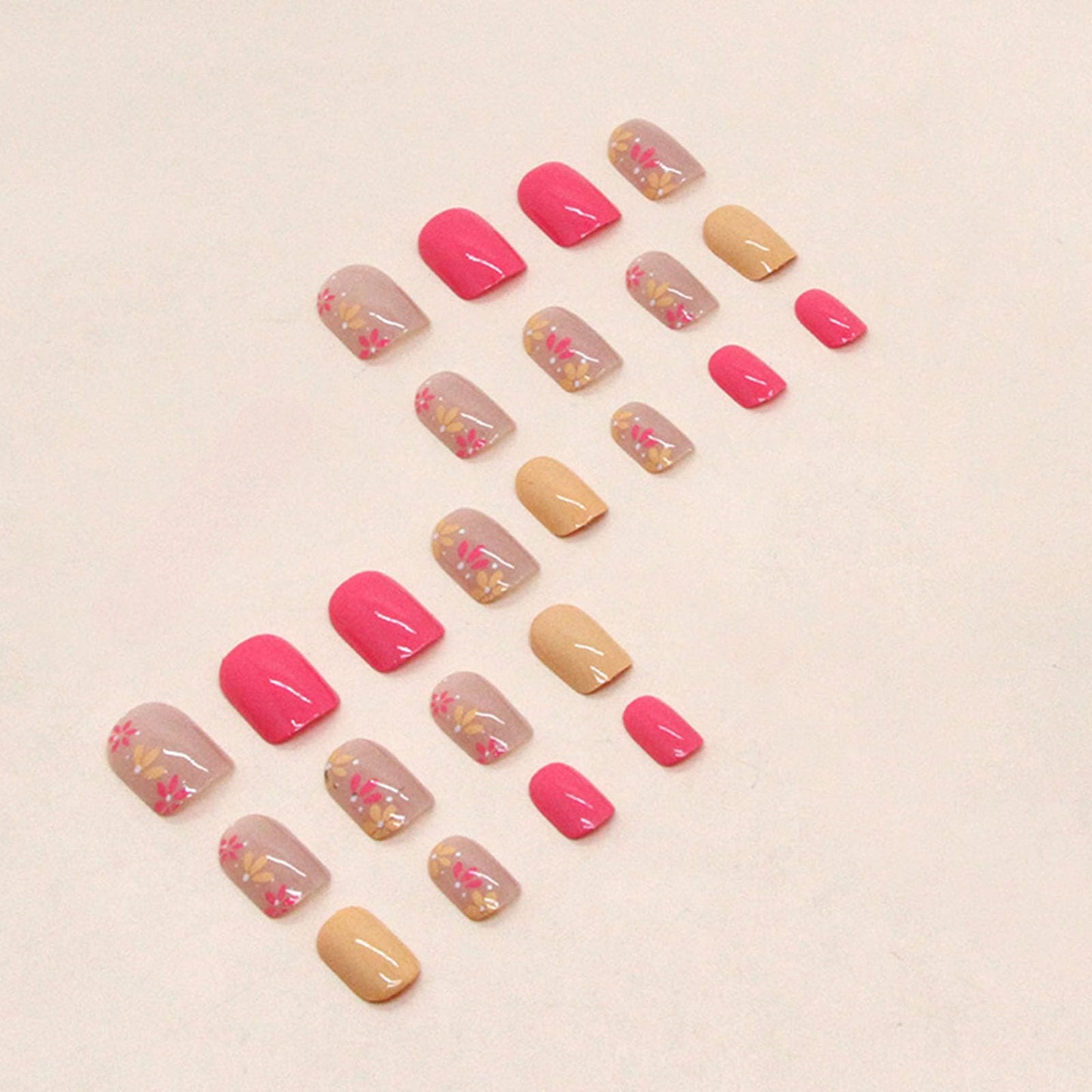 Spring Press on Nails Square Fake Nails with Flower Designs Pink Nails Press ons Yellow Acrylic Nails Glossy Glue on Nails Spring False Nails Artificial Stick on Nails for Women 24Pcs