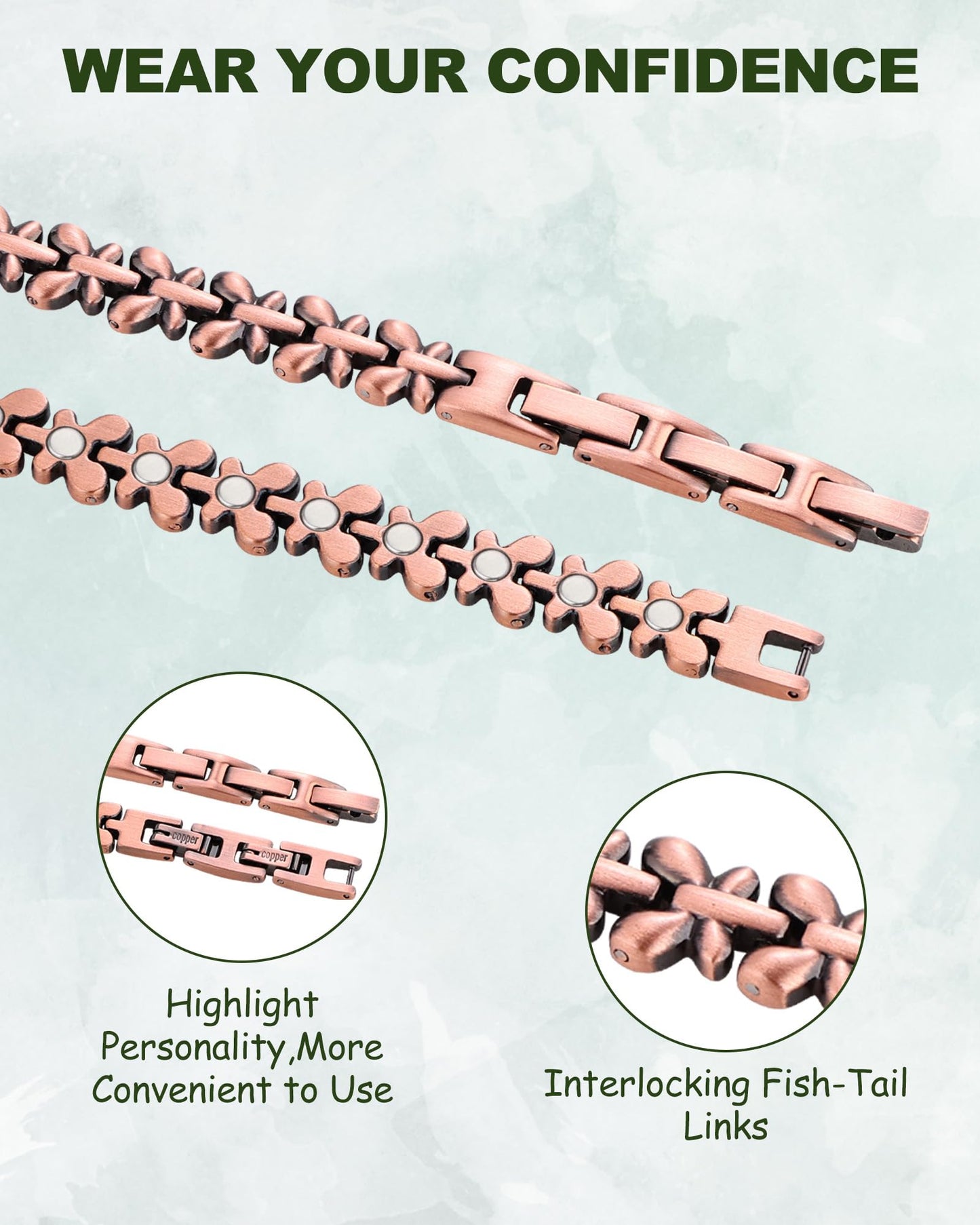 MagEnergy Copper Bracelet for Women, 99.99% Pure Solid Copper Bracelet with 3500 Gauss Magnetic, Adjustable, Jewelry Gift