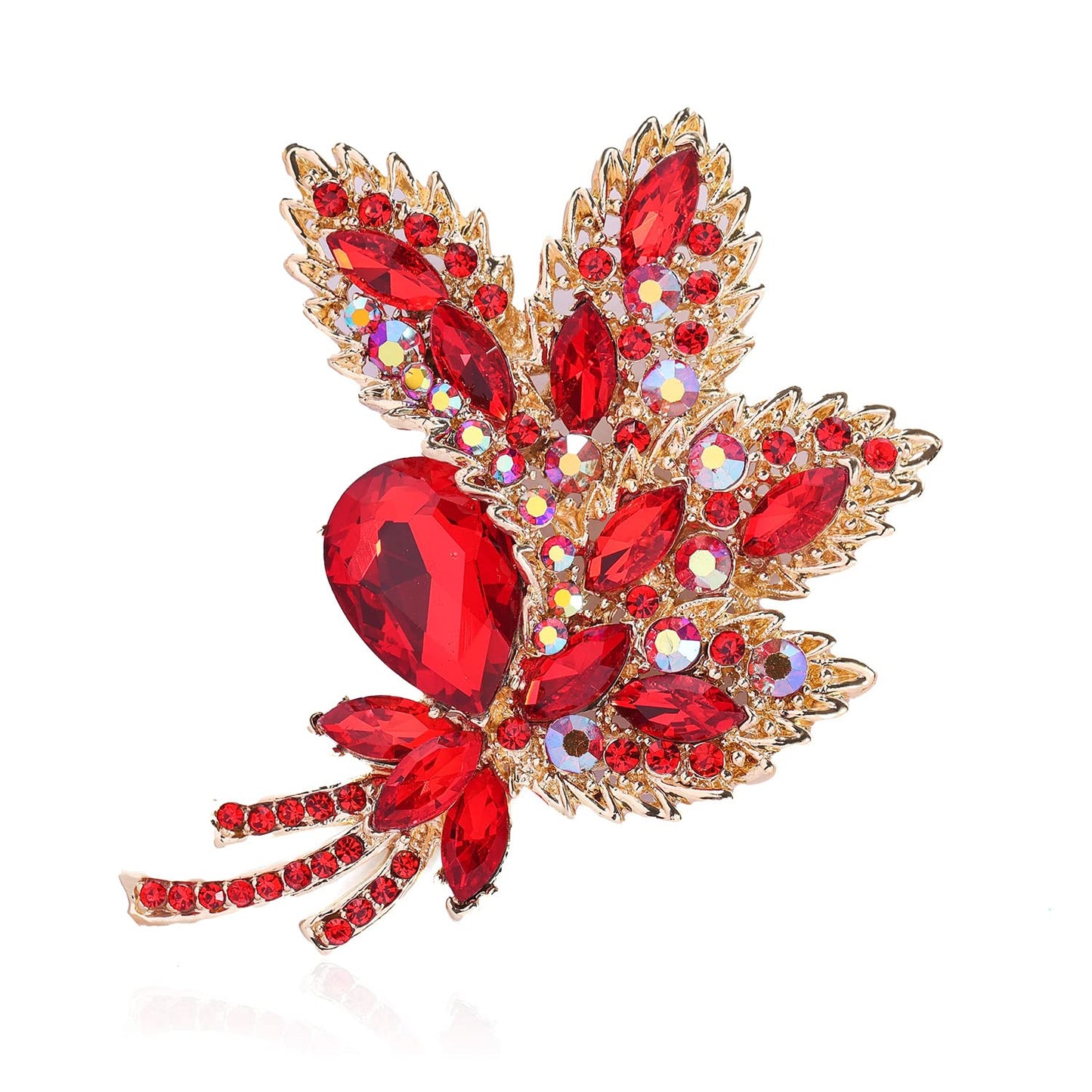 YOQUCOL Red Austrian Crystal Leaf Shape Bouquet Big Large Brooch Pin Rhinestone Scarf Decoration Wreath Cloth Pin For Women