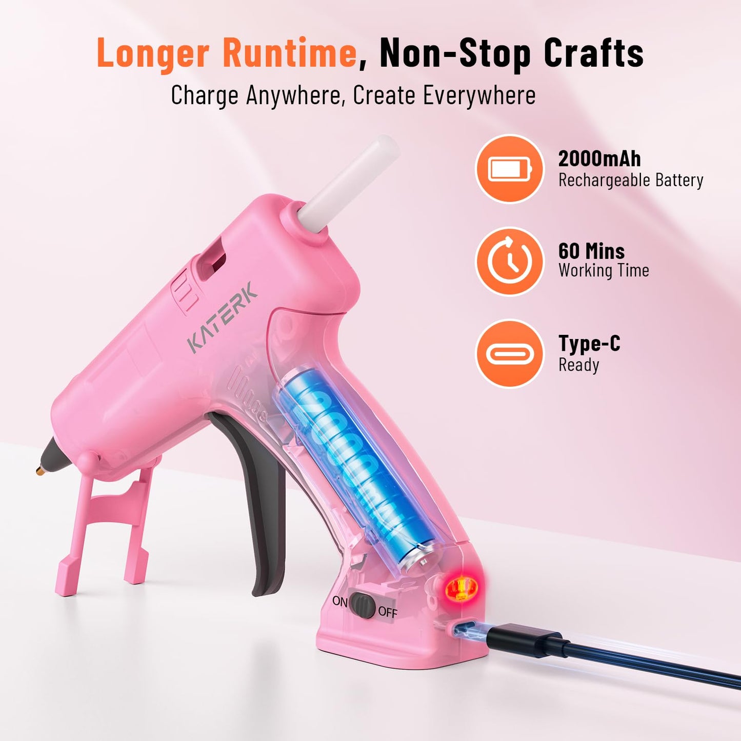 Katerk 3.7V Cordless Hot Glue Gun Kit, 90s Fast Heating, Mini Glue Gun with 15 Glue Sticks, USB-C Rechargeable with 2000mAh Built-in Battery, Ideal for DIY, Gift Making, School Crafts & Repairs (Pink)