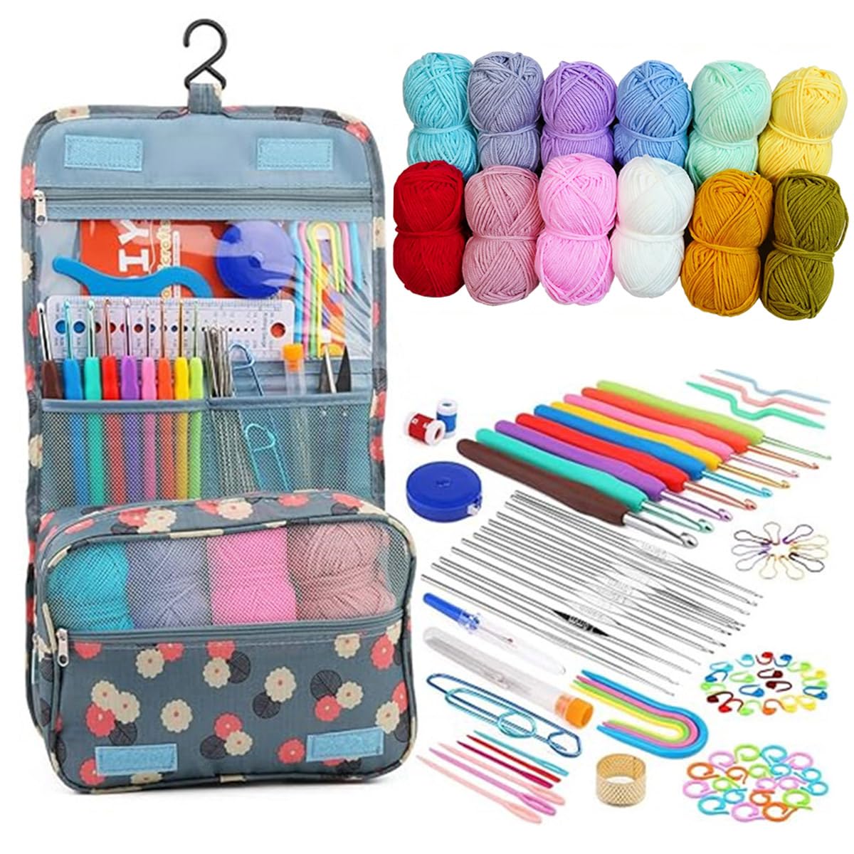 Hntess 118Pcs Crochet Kit for Beginners, Premium Knitting & Crochet Supplies Set with 12 Yarn Spools, 21 Crochet Hooks, 6 Sewing Needles & Storage Case, Complete Starter Crochet Kit for Adults Kids