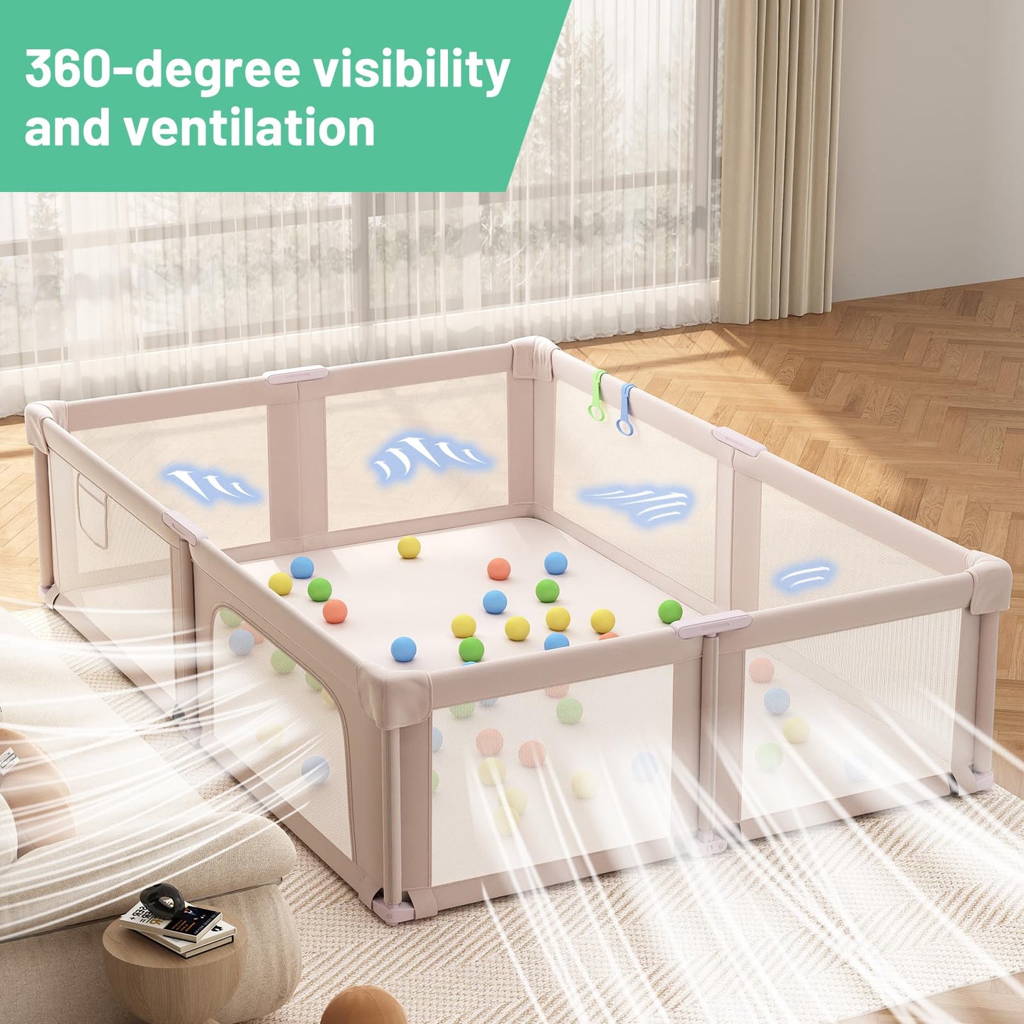 Foldable Playpen with Mat for Babies and Toddlers, 73" x 61" Baby Play Pen for Indoor & Outdoor, Playard with Soft Breathable Mesh, Pull-Link and Ocean Balls, Pink