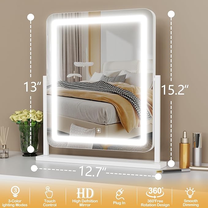 Makeup Vanity Mirror with Lights 15.2" Large LED Lighted Mirror, Hollywood Make Up Mirror with Lighting for Bedroom Tabletop, Smart Touch, 360° Rotation, (White)