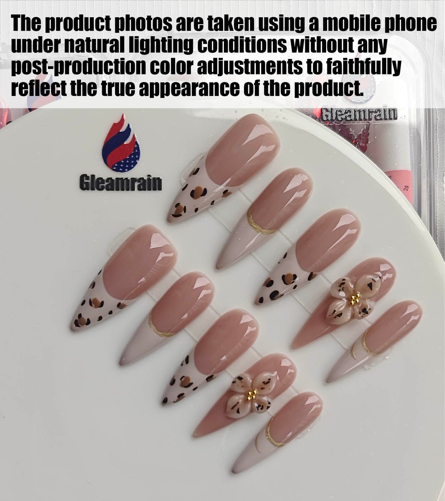 Gleamrain Long Almond Press on Nails French Tip Nude Base 3D Flower & Leopard Print Design Handmade M Size for Prom Party Holiday 1131HD