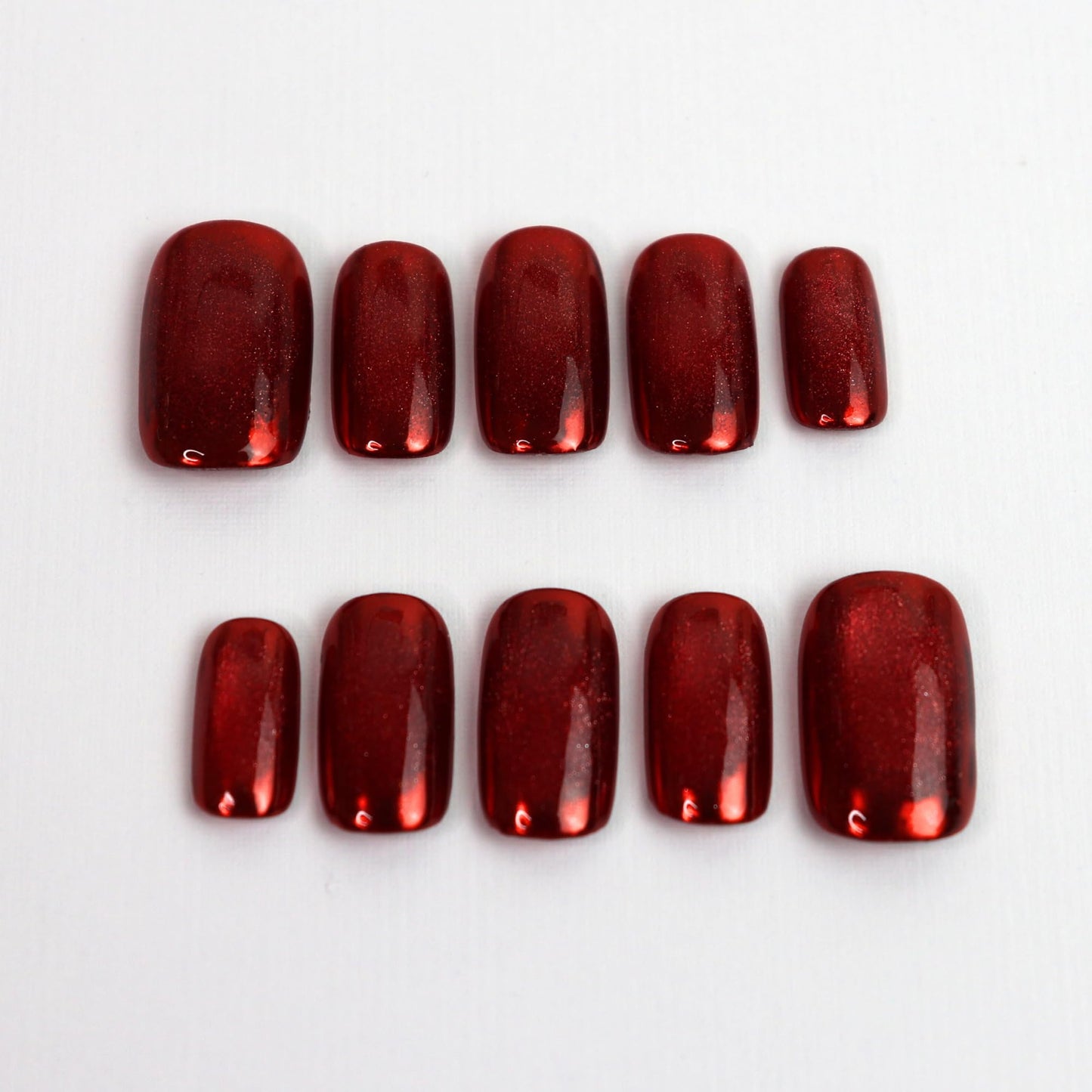 Handmade Medium Squoval Magnetic Cat Eye Press-On Nails | Chrome Finish (Gold, Ruby Red or Silver) | Reusable Glossy Gel Look (Red Mirror Cat Ehye, M Medium Squoval)