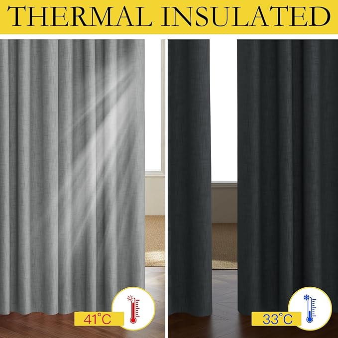 NICETOWN Vintage Open Linen Weave Flax Thermal Curtains, Dove Grey, 34" Wide Per Panel, Set of 2, 100% Blackout Curtains 60" Long for Dining Room, Soundproof Window Treatment Drapes for Cupboard