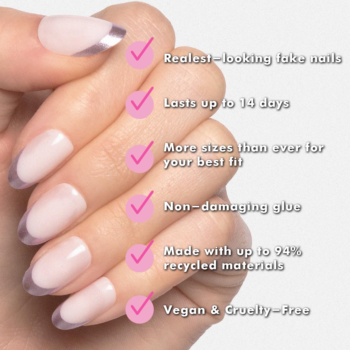 Olive & June Instant Mani Press-On Nails (Glue) | 42 Fake Nails, 21 Sizes | Non-Toxic, Long-Lasting Recycled Materials Realistic Look | Salon-Quality | Medium, Oval | Metallic French Lilac Shimmer